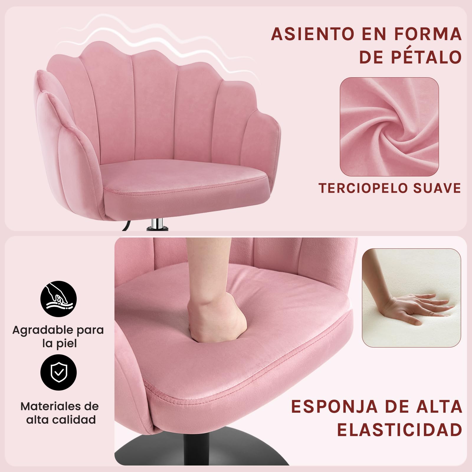 WOLTU Taburete de Tocador con Respaldo Pétalo en Terciopelo, Rosa | Altura Ajustable, Giratorio, para Tocador, Dormitorio, Oficina en Casa y Salón