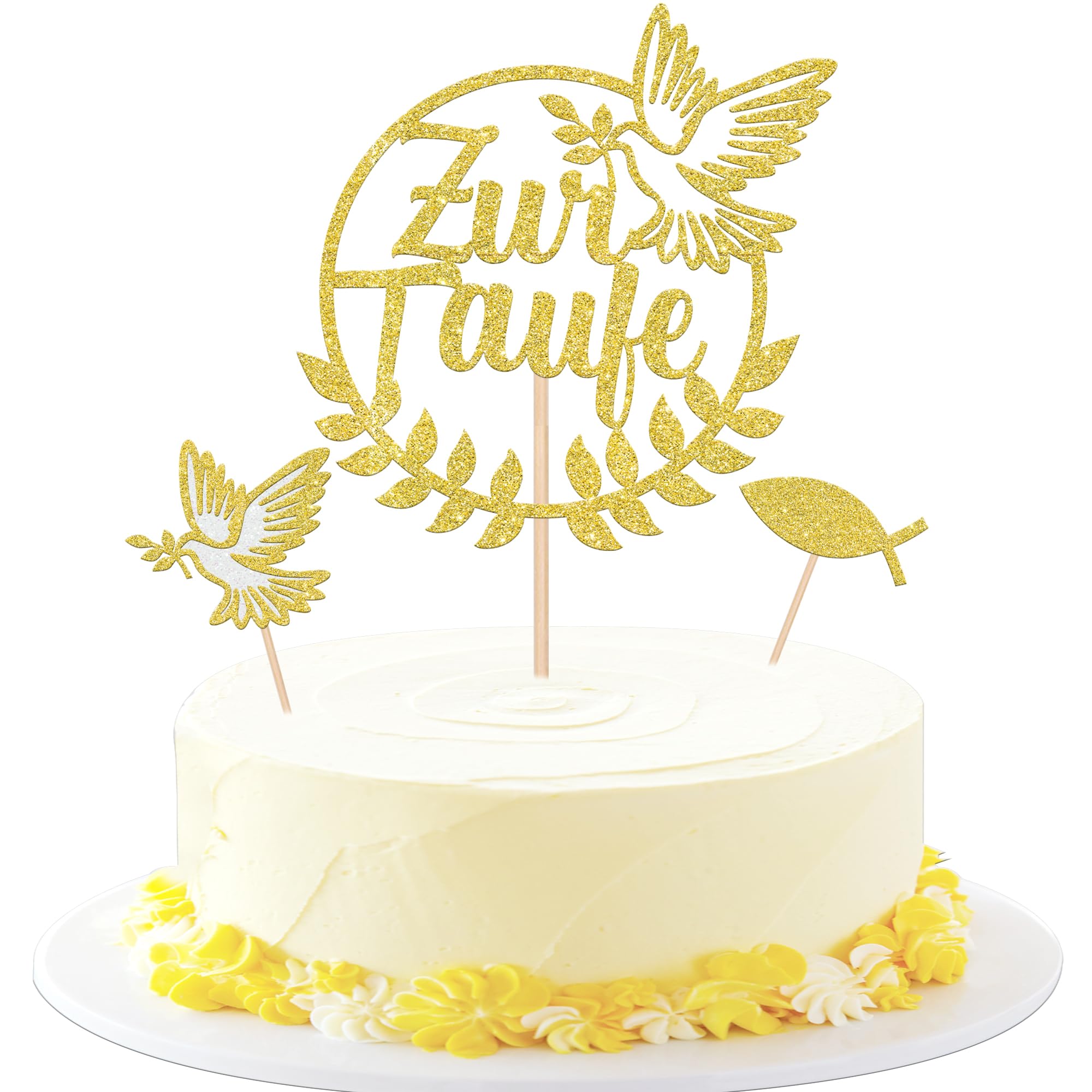 13 Stück Zur Tuafe Tortendeko Glitzer Fisch Friedenstaube Cupcake Toppers Mine Kommunion Kuchen Deko für Erste Heilige Kommunion Thema Baby Dusche Geburtstag Party Kuchen Dekorationen Gold