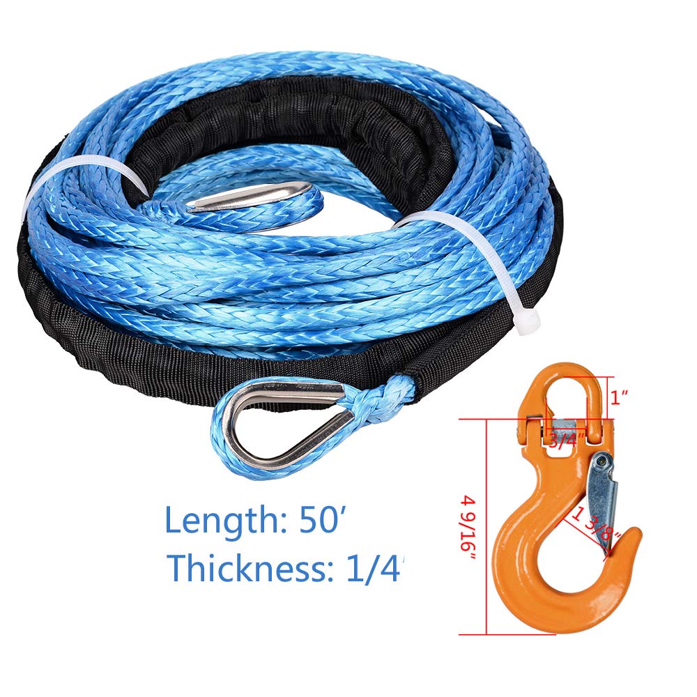 Astra Depot 50ft Blue Synthetic Rope Extension 7500lbs Winch Line Cable with Thimbles and Yellow 17,000 lbs Forged Steel Grade 80 Safety Latch Clevis Hook ATV UTV 3/16