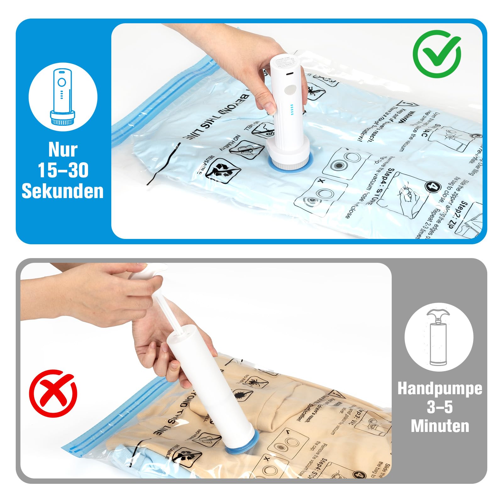 BoxLegend Vakuumbeutel für Kleidung & Bettdecken mit Vakuumpumpe, 25 Stück Vakuumierbeutel 2 Jumbo + 3 Extra Groß + 7 Groß + 7 Mittel + 6 Kleine, Perfekt für Reise & Lagerung Aufbewahrungstasche