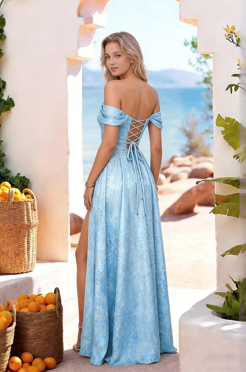 ALFEICE Jacquard Satin Prom Dresses for Wedding Guest Party Gowns Off The Shoulder Formal Evening Dress