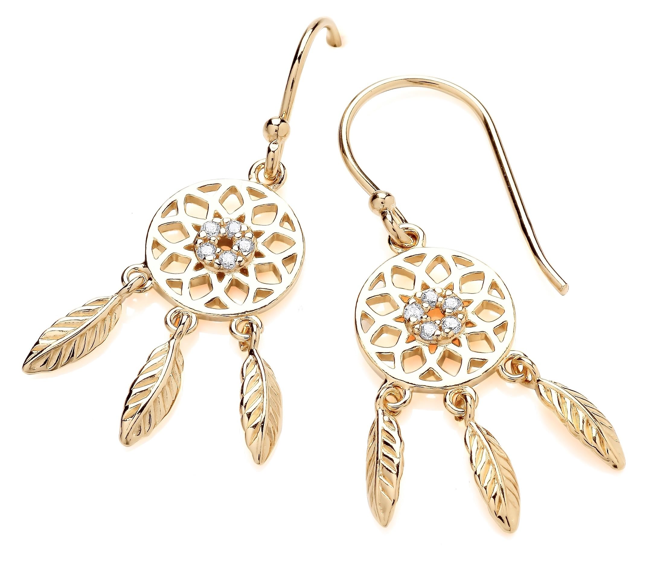 Old English Jewellers Pendientes colgantes de oro amarillo de 9 quilates sobre plata con circonita cúbica atrapasueños