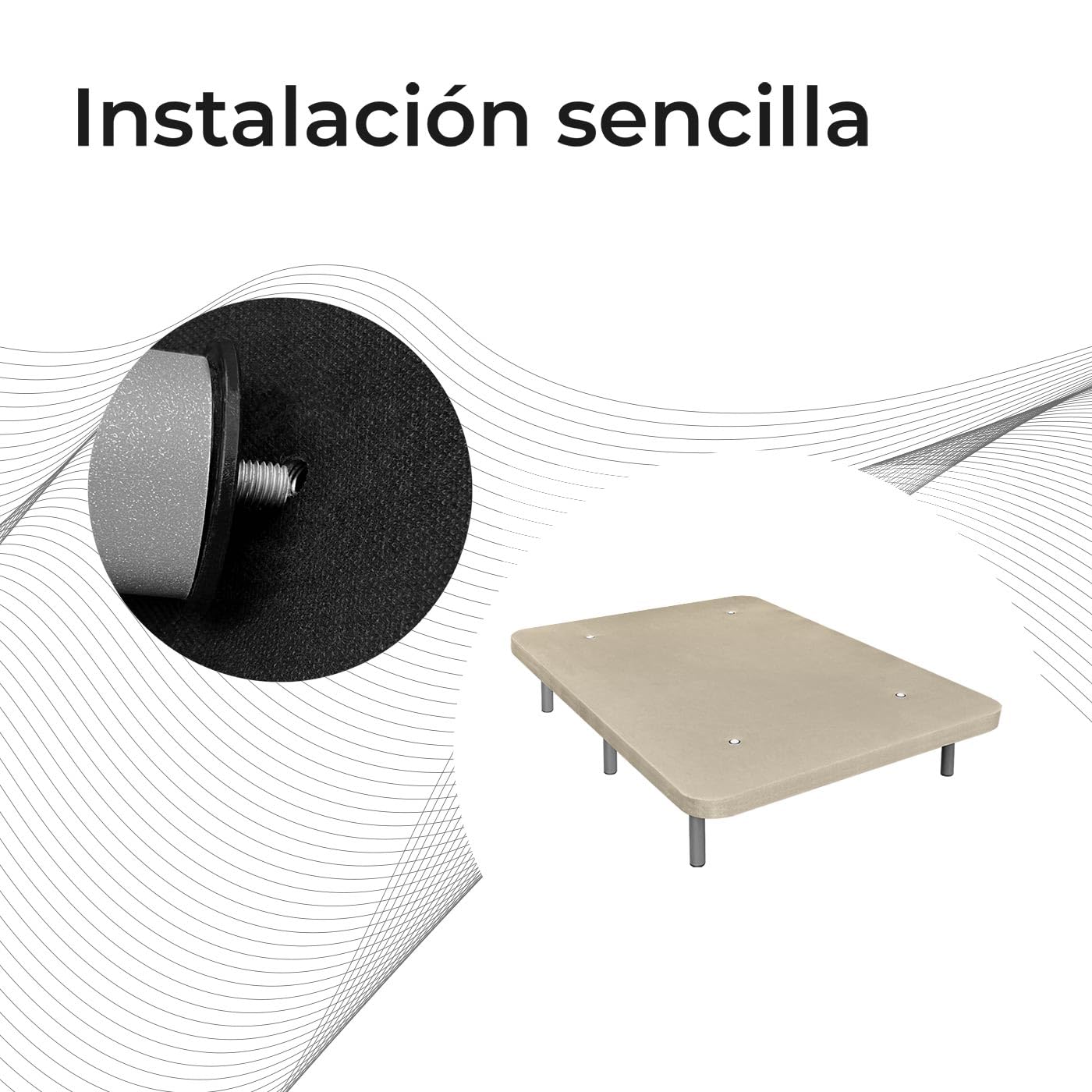 Somnia Descanso - Base Tapizada 3D Extra Resistente con Gran Estabilidad y 5 Barras Transversales + 6 Patas metálicas roscadas de 25cm, 90 x 190, Beige