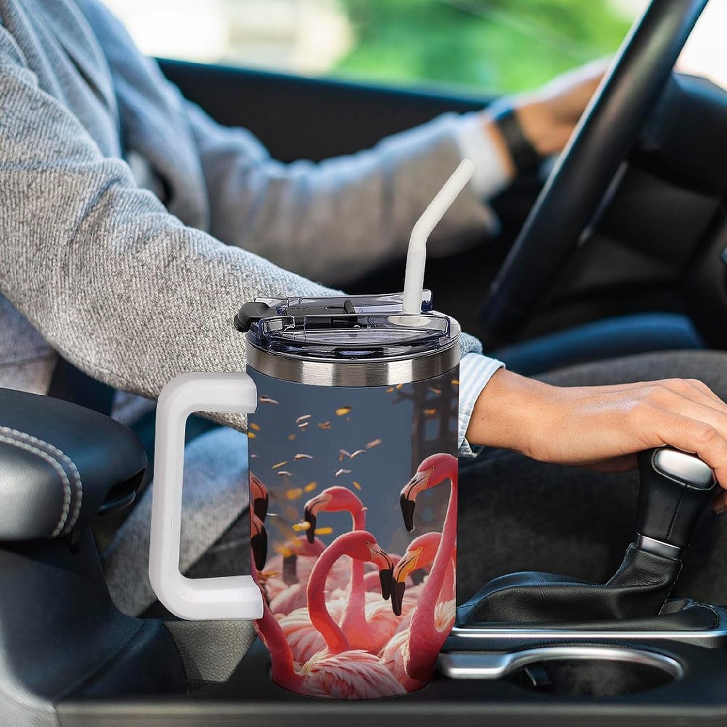 Flamingos Partying Travel Coffee Mug Reusable Durable Stainless Steel Insulated Tumbler with Handle And Straw Leak Resistant Portable Thermal Cup Gifts for Men Women 40 Oz