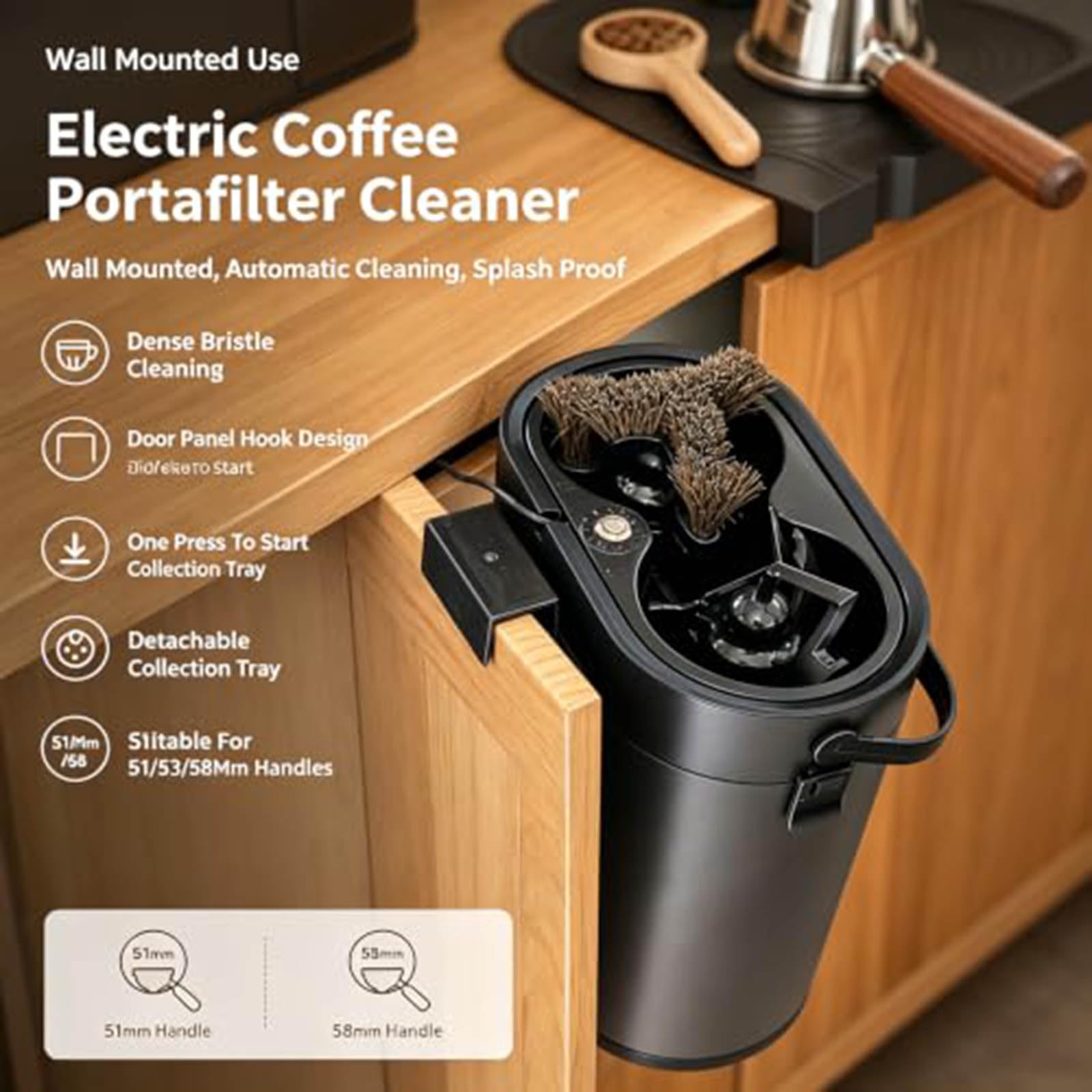 Pulitore Elettrico per Portafiltro da caffè, Macchina Automatica per La Rimozione dei Fondi di caffè, Universale 51/53/58 Mm, Montaggio A Parete E da Tavolo, per Macchine da caffè Espresso