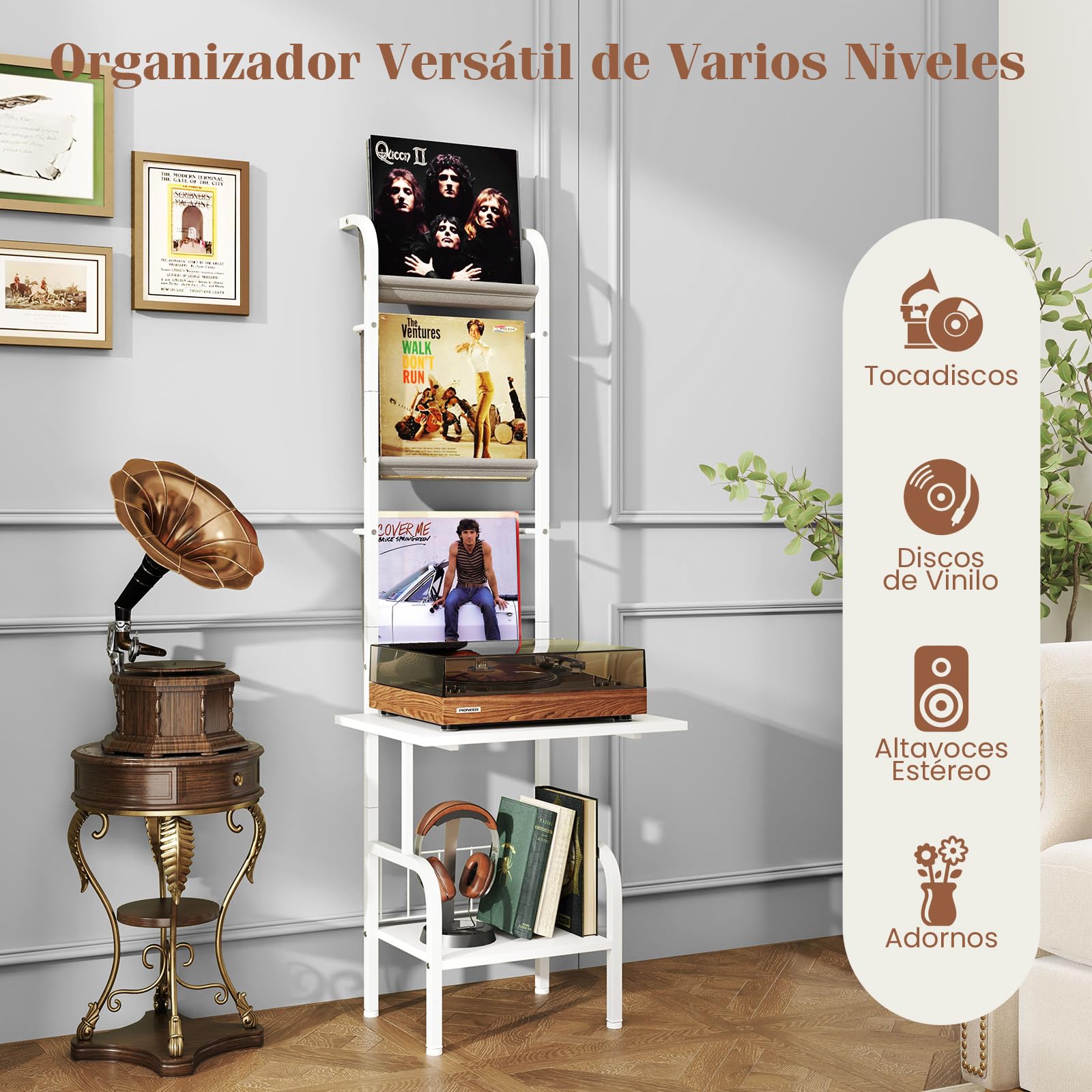 GOPLUS Soporte para Tocadiscos con Almacenamiento de 5 Niveles, Estantería Organizador para Vinilos con Juegos Antivuelco, Soporte para Tocadiscos con 3 Estantes para Discos de Vinilo (Blanco)