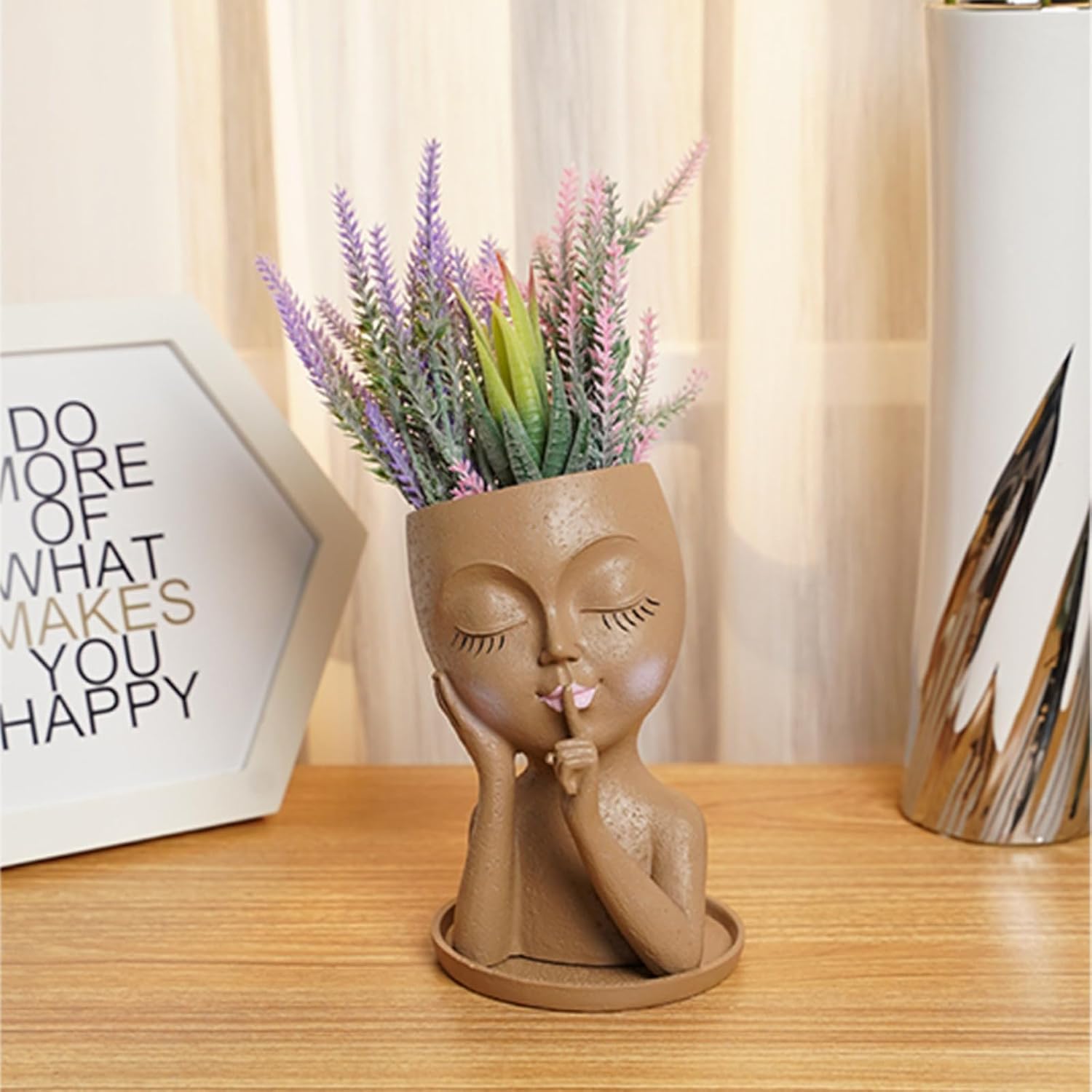 Whispering Girl Outdoor Horticulture Flowers Meaty Vase Decoration Courtyard Garden Decoration Resin Crafts, 12.5 * 11.5 * 19, Brown