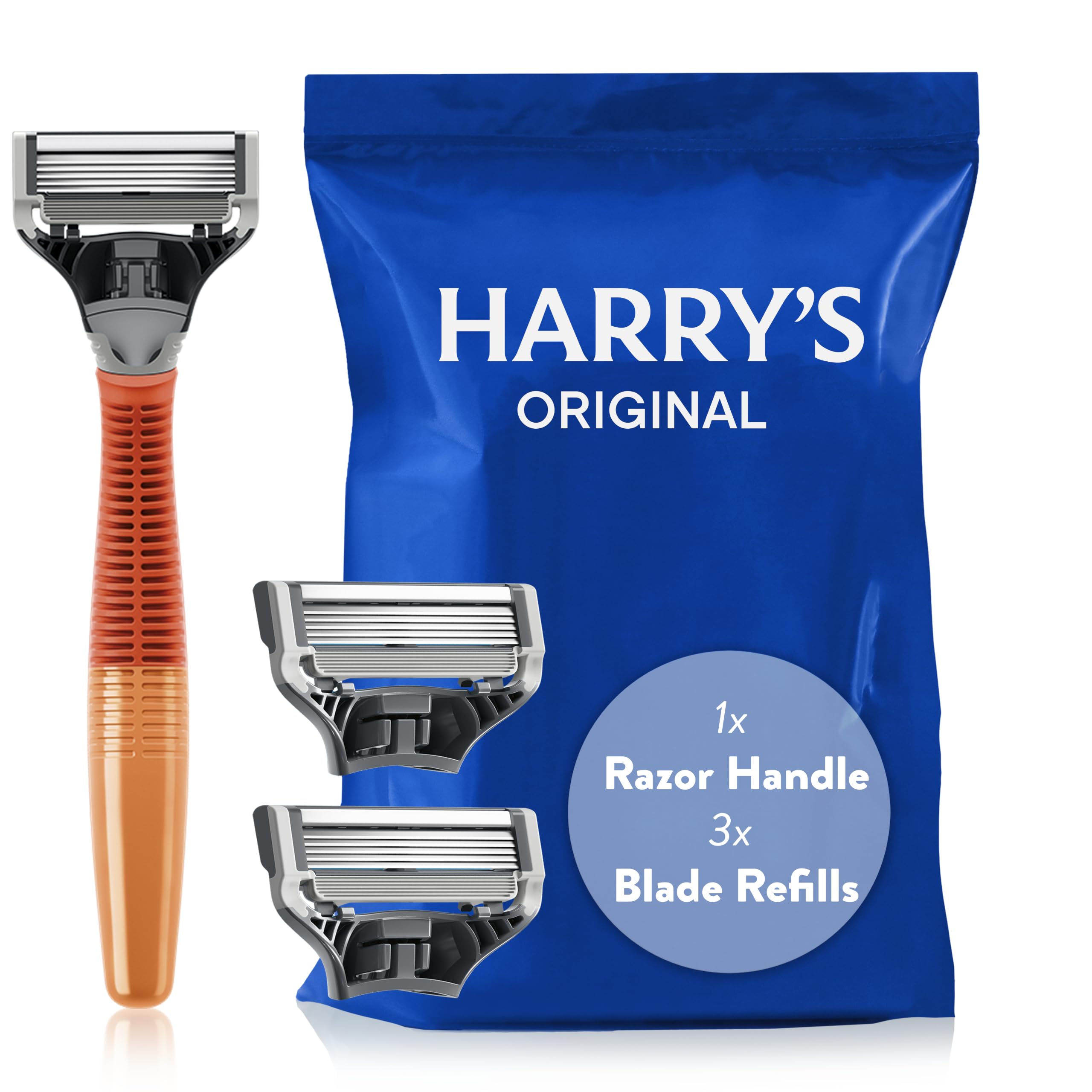 Harry's Original Starter Set; Includes Orange Weighted Handle and 3 German Engineered Razor Blade Refills
