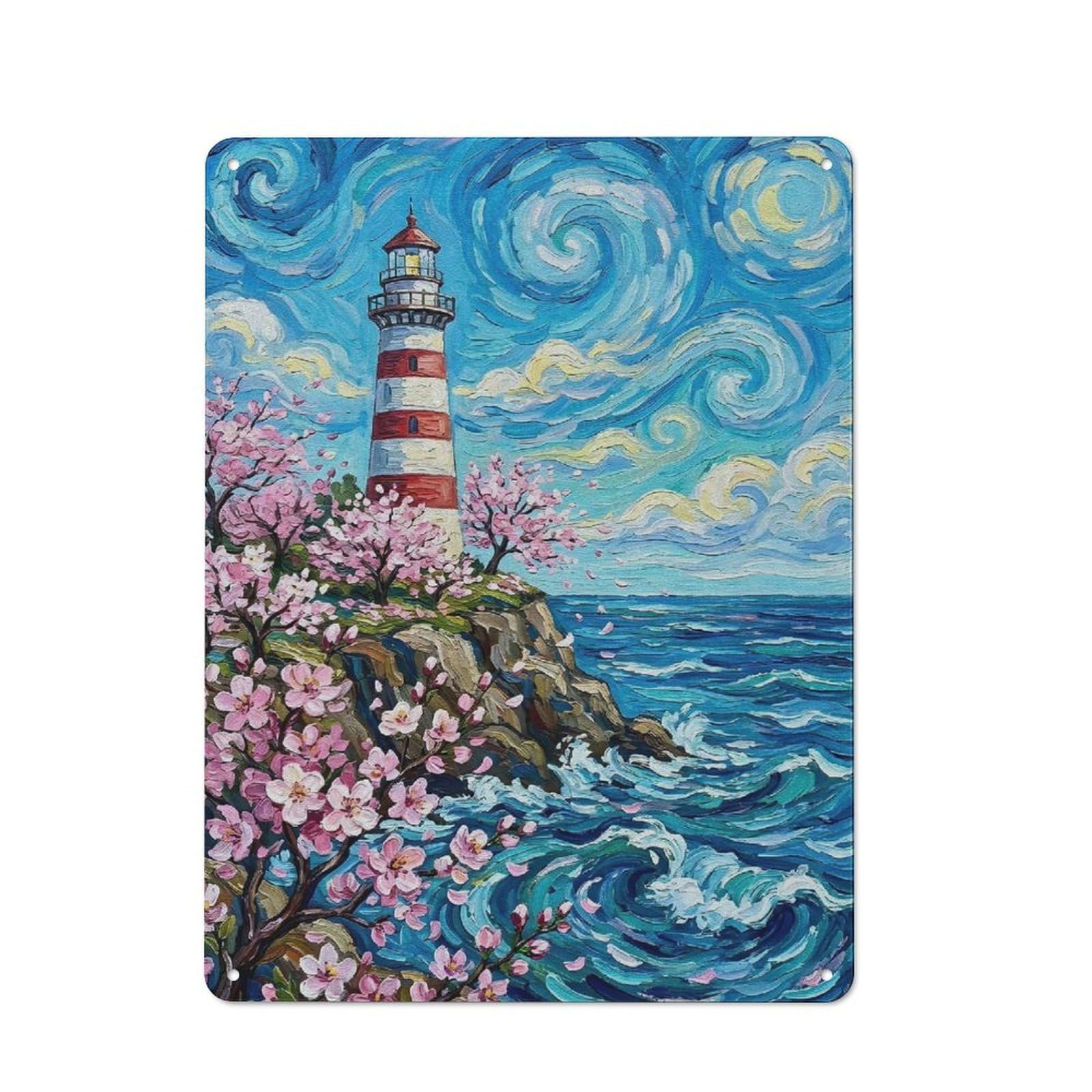 Junmoney Style-2 Lighthouse With Cherry Blossoms Vintage Metal Sign 40X30cm For Lounge Or Reading Corner, For A Room Refresh Centred On Metal Wall Decor