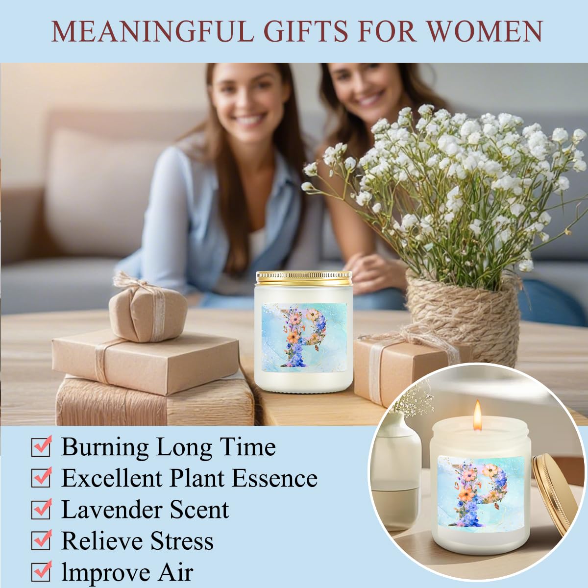 Personalized Gifts for Women Monogrammed Birthday Gifts for Women, Wife Girlfriend Wedding Christmas, Initial Wine Tumbler Makeup Bag Scented Candle Bracelet Set, (Aesthetic Blue Flower P)