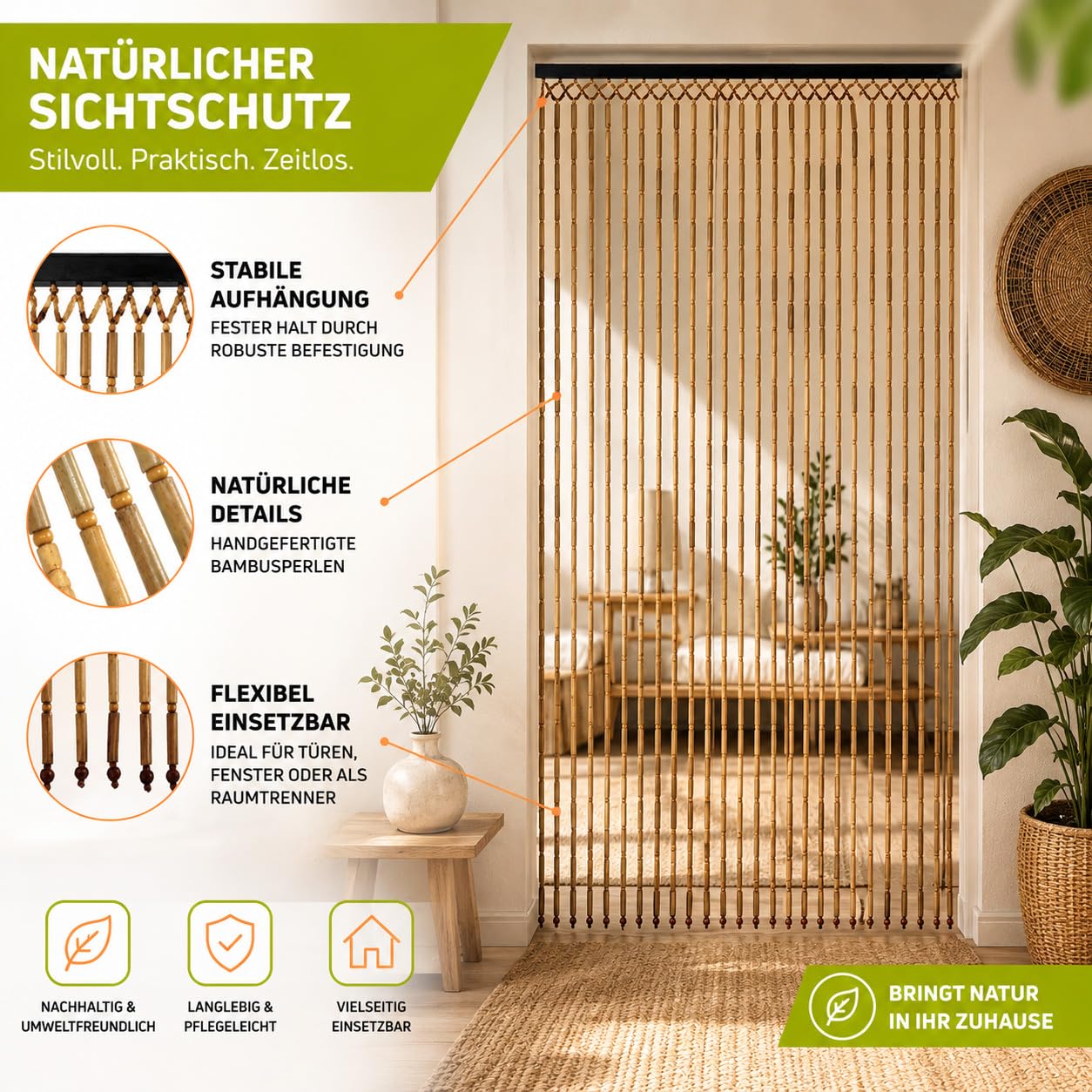 Kobolo Trvorhang BAMBOO 90x200cm braun, Bambus Perlenvorhang mit 31  Strngen je 0,8,cm & Holzleiste, dekorativer Fadenvorhang als  Insektenschutz & Raumteiler fr Balkon- & Terrassentr, handgefertigt :  Amazon.de: Kche, Haushalt & Wohnen