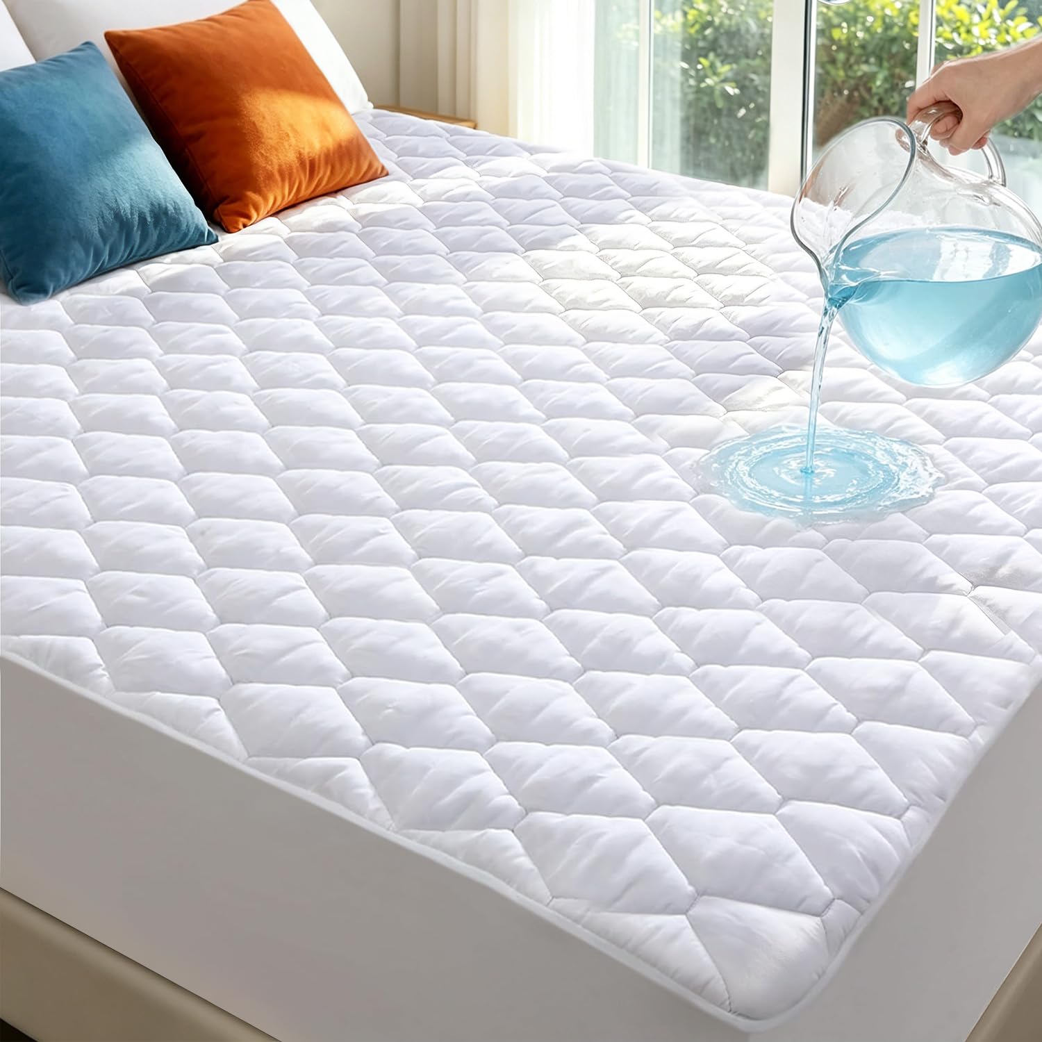 Full Size Mattress Protector Waterproof Washable Mattress Padded Cover Fitted Bed Protection Noiseless Plastic Bed Pad Deep Pocket Up to 18“ Soft and Breathable（White）