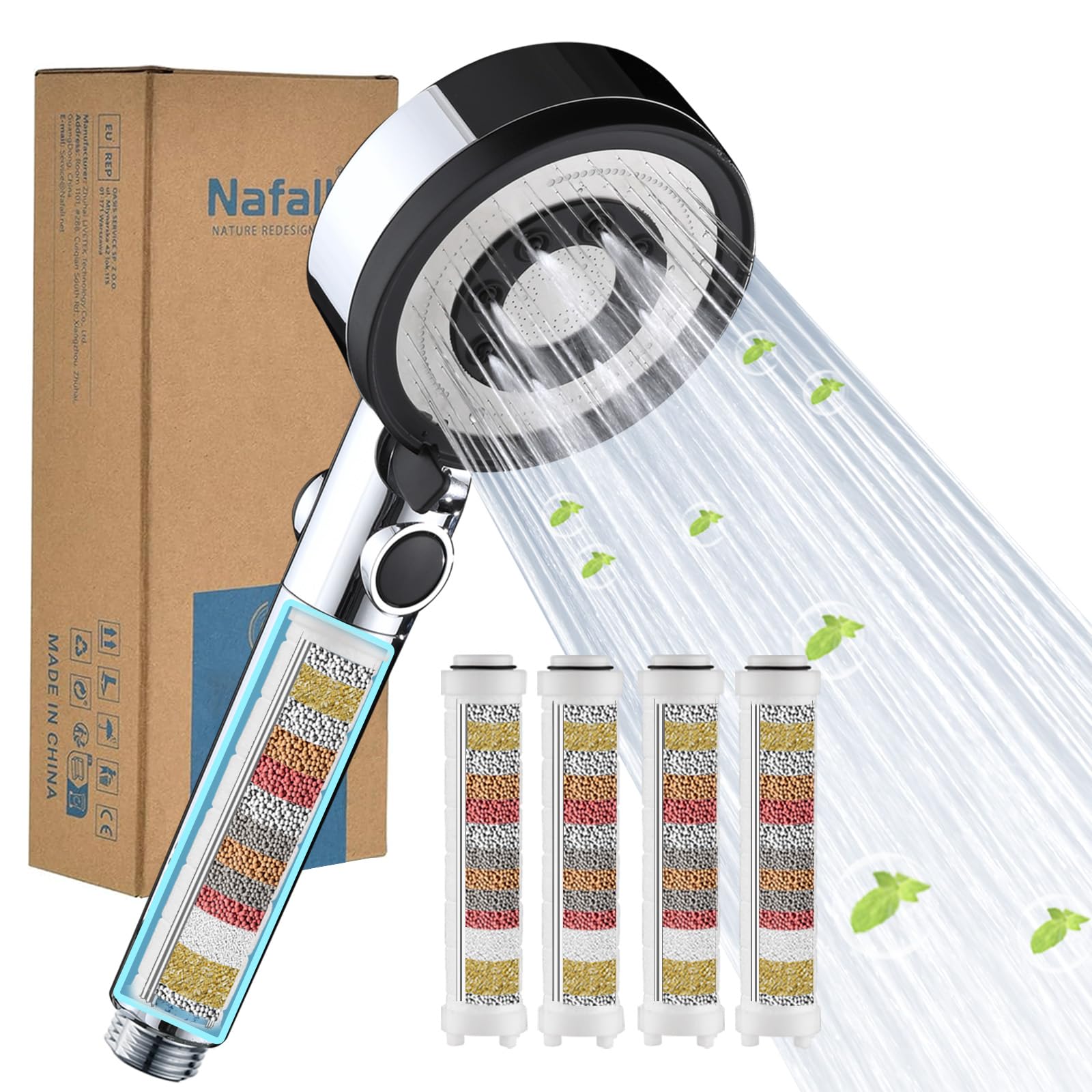 Nafall High Pressure Shower Head - Hard Water Filter Shower Head with Filter, 5 Jet Modes Water Saving Handheld Power Showerhead for Low Water Pressure, Chrome Black