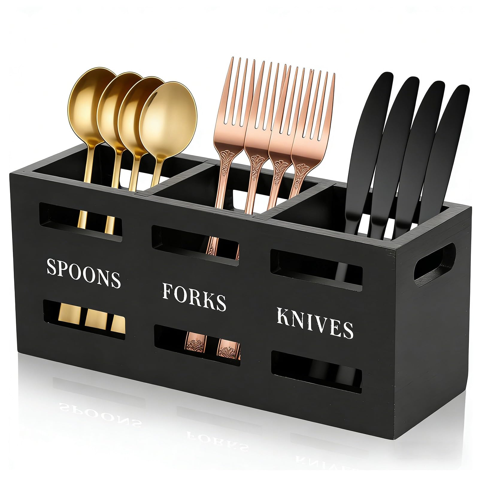 Rudfovn Wooden Utensil Holder, Multipurpose Kitchen Cutlery Storage Caddy with 3 Compartments for Table Forks Spoons Cutters