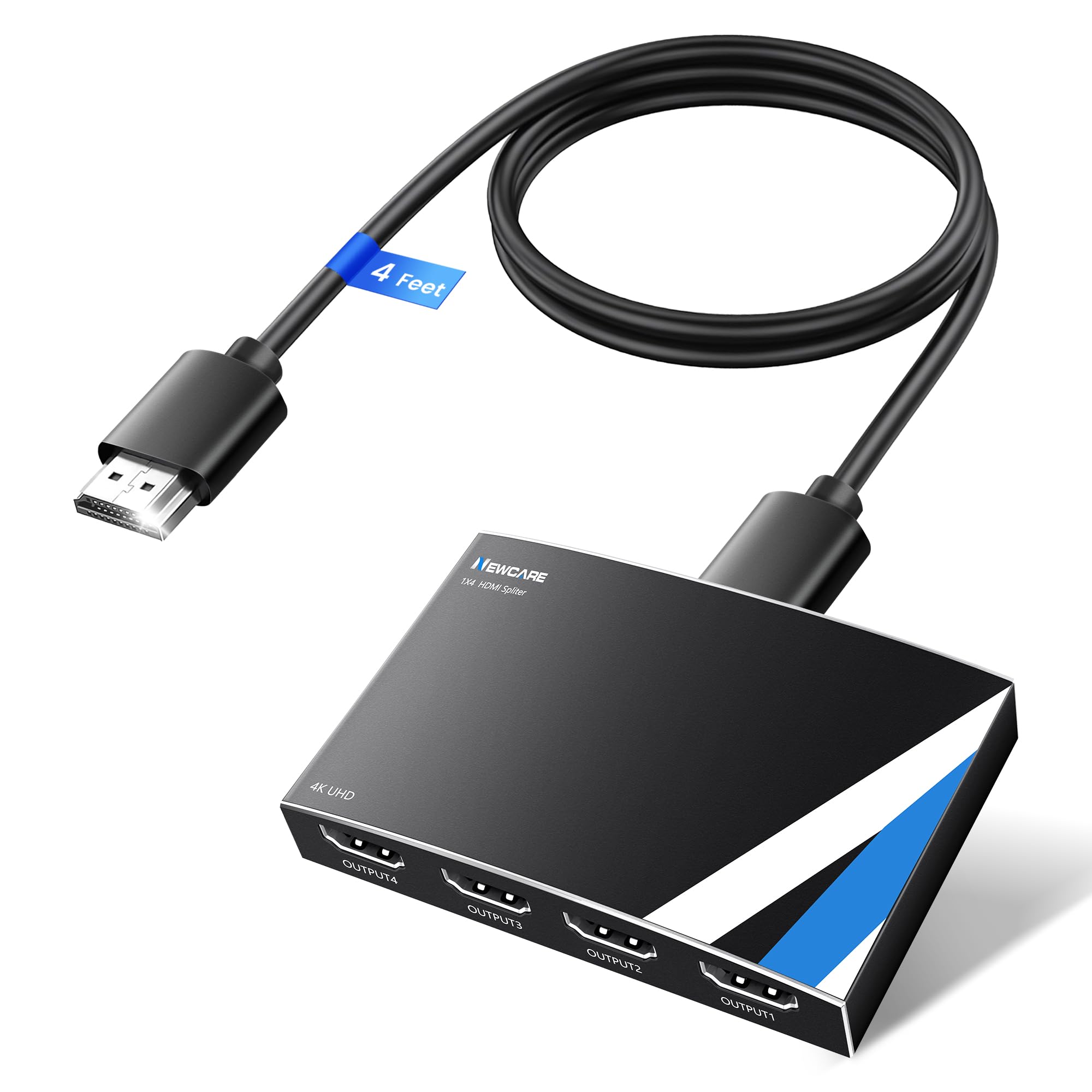 NEWCARE HDMI Splitter 1 in 4 Out [ with 4 Ft HDMI 2.0 Cable and Power Adapter], Aluminum Alloy 4Kx2K@30Hz 1×4 HDMI Splitter Mirror 1 Source Screen to 4 Monitors/TV, Not Support Extend Screen