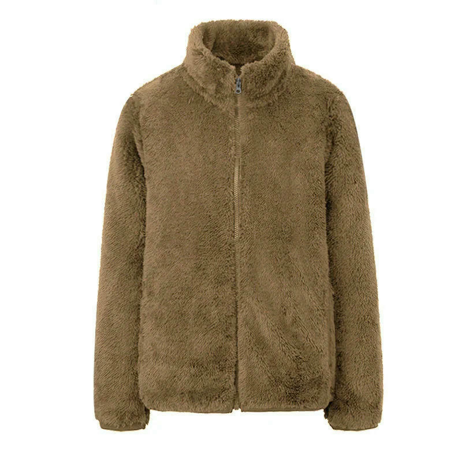 Giacca Cappotto in Pile Autunno Inverno da Donna Giacche Corte Calde Soprabito con Cerniera Capispalla Femme Veste-Cammello-l