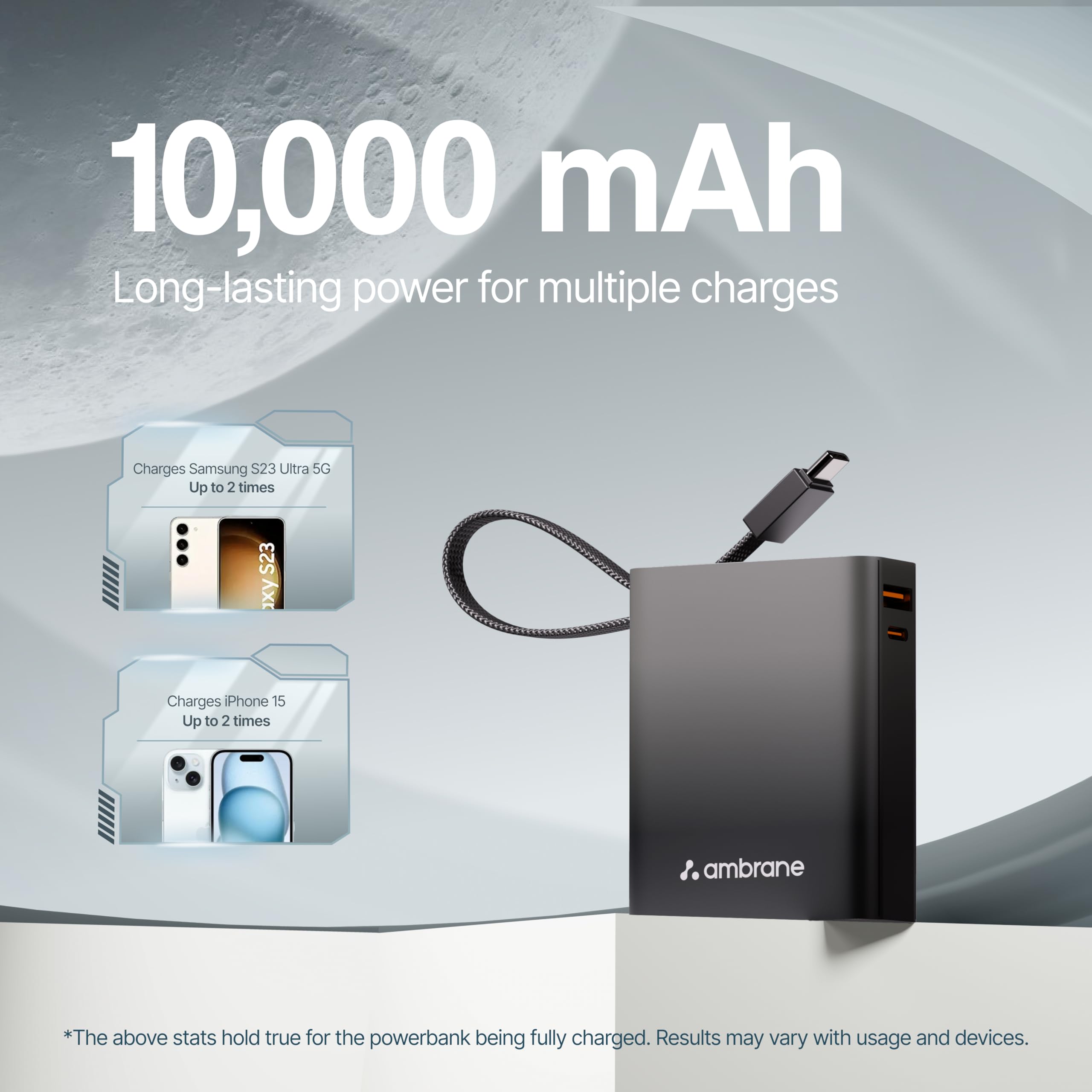 Ambrane 10000mAh Smallest Pocket Size Powerbank, Hanging InBuilt Type C Cable, 22.5W Fast Charging, Type C PD & USB Output for iPhone, Android Mobiles & Other Devices (MiniCharge 11, Black) — Amazon image 4