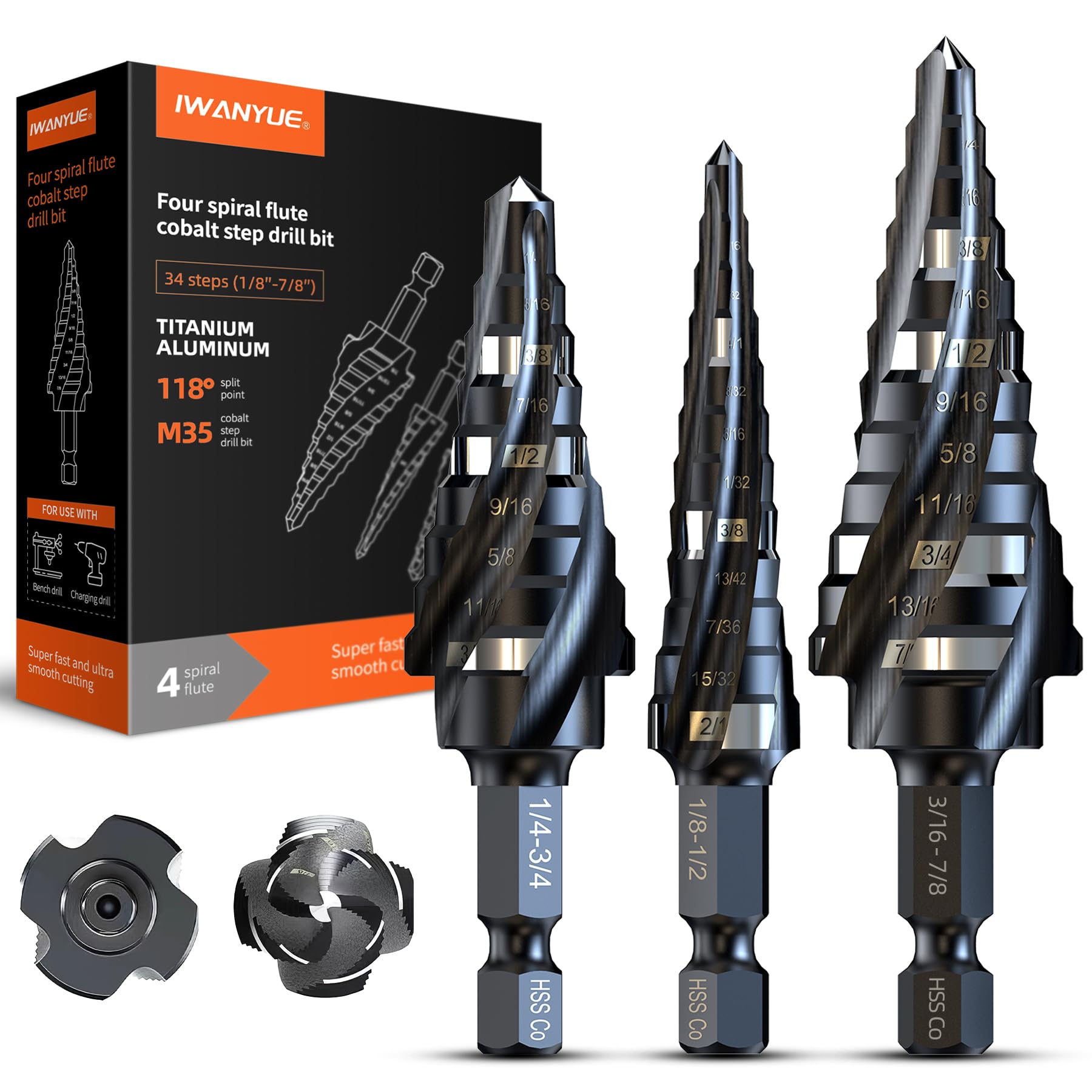 Brocas escalonadas HSS de cobalto M35, broca escalonada de cobalto de cuatro flautas en espiral, 1/8 a 7/8 pulgadas (3 piezas) vástago hexagonal para aluminio, acero inoxidable, metal, madera,
