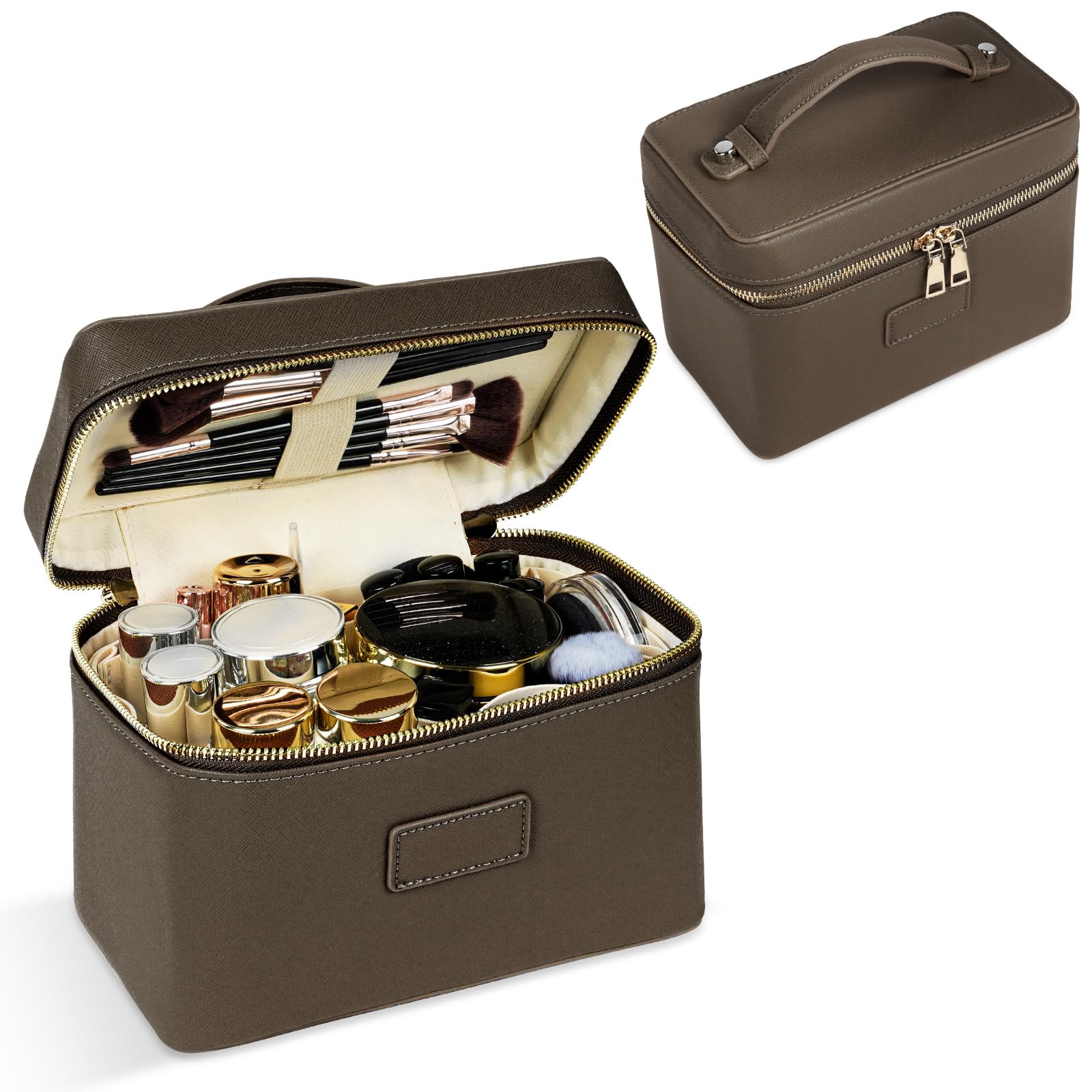 Bolsa de Aseo Mujer Maquillaje, Bolsas de Cosméticos de PU, Bolsa de Lavado de Viaje, Organizador Grande para Maquillaje, Neceser Makeup Bag Multifuncional, Regalo Ideal para Mujeres, Café Claro