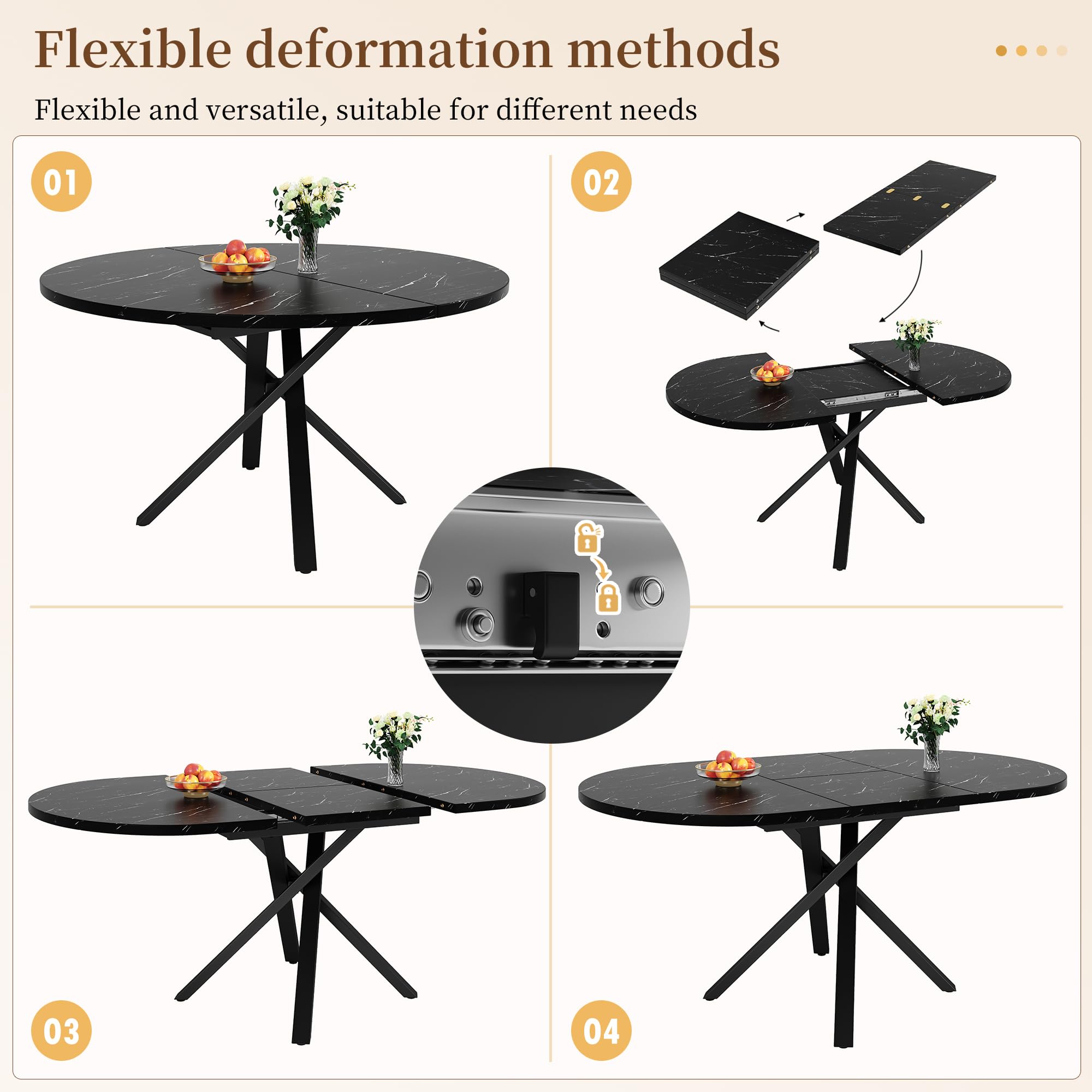 Tavolo allungabile rotondo con effetto marmo, 100 cm (allungabile a 140 cm) x 75,5 cm di altezza, con robusta struttura in metallo a X di colore nero, ideale come tavolo da cucina o tavolo