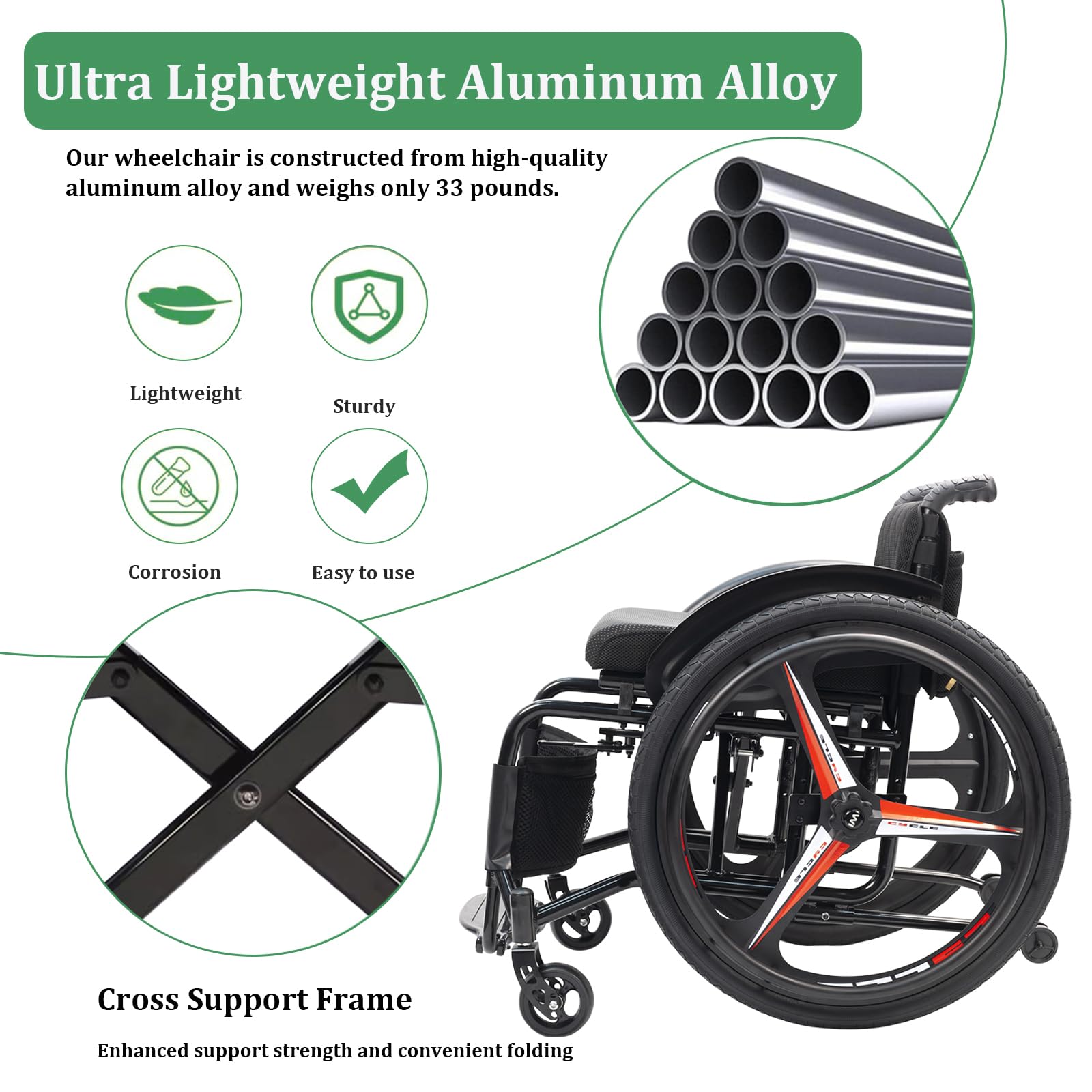 Carrozzina Pieghevole in Alluminio, Autospinta, Ruote antiribaltamento, Freni a Mano, per disabili, Sedia a rotelle Super-Leggera da transito(14.9in Seat Width,Sports Style)