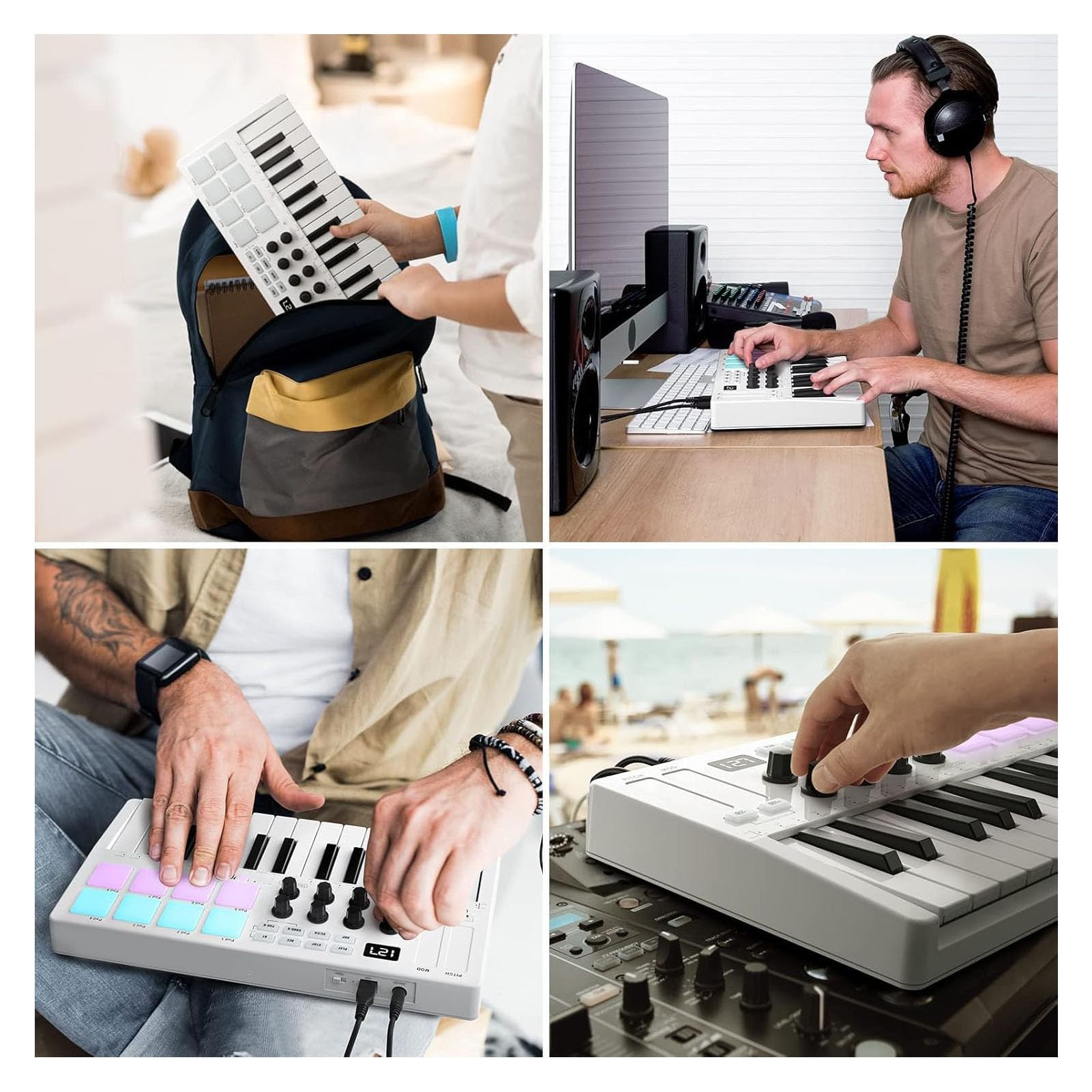 Asixxsix Controller Tastiera MIDI 25 Tasti, Mini Macchina Beat Maker Portatile Wireless Bluetooth con 8 Pad per Batteria Retroilluminati 8 Manopole 2 Touch Strip Capacitivi