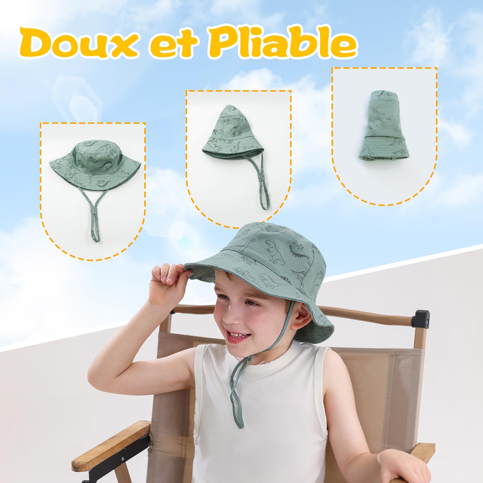 Chapeau de Soleil Bébé Garçon et Fille - Chapeau de Seau à Bord Réglable en Coton avec Protection UV - Chapeau d'été pour Enfants - 5
