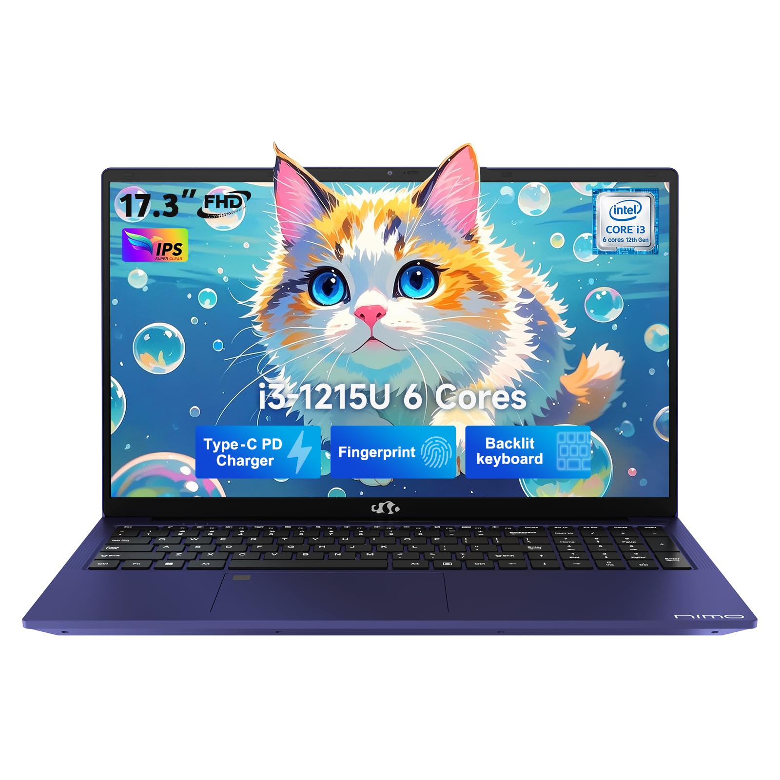 NIMO 17.3" IPS FHD-Laptop, Intel 6 Cores i3-1215U 16GB RAM 256GB SSD (Beat i5-1135G7, Up to 4.4GHz) Computer with 65W Type C Fingerprint Backlit Keyboard, for Home Student and Business