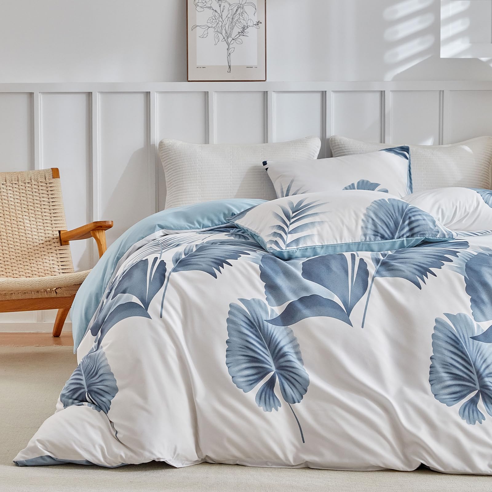 Lekesky Double Duvet Cover Set Blue Bedding Set, Watercolor Tropical Leaf Printed Blue Double Duvet Cover (1x Duvet Cover