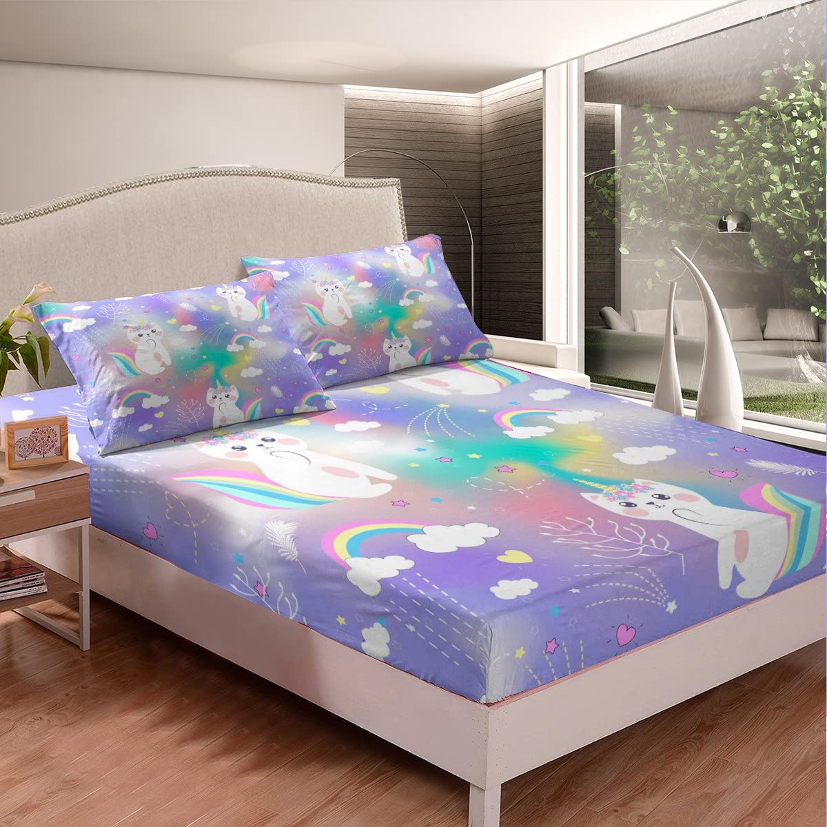 Kitten Unicorn Fitted Sheet Single Size, Kawaii Cat Unicorn Bed Cover with 1 Pillowcase - Image 2