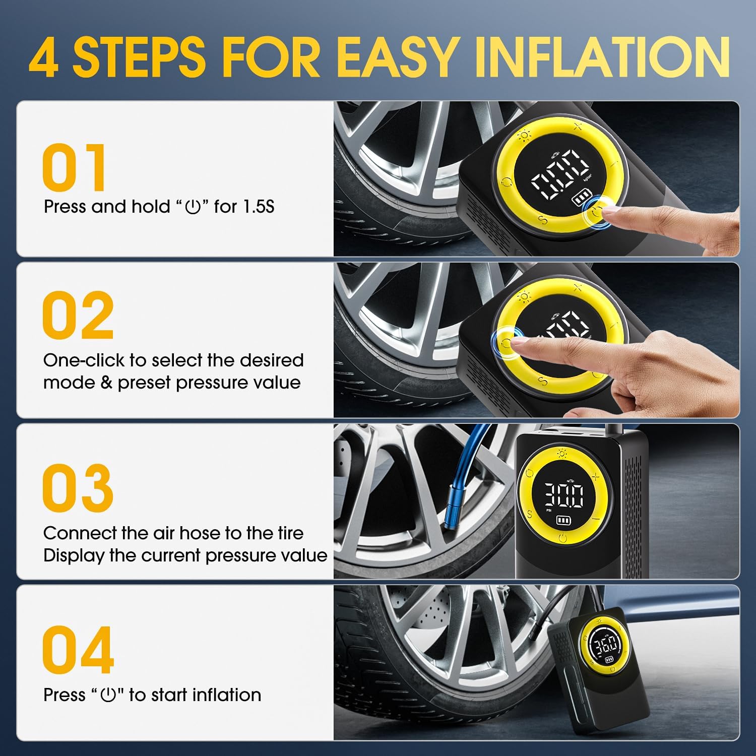 CARSUN T2199 Portable Air Compressor demonstrating lightning-fast inflation, inflating a 195/65/R15 tire from 30PSI to 36PSI in under 1 minute.