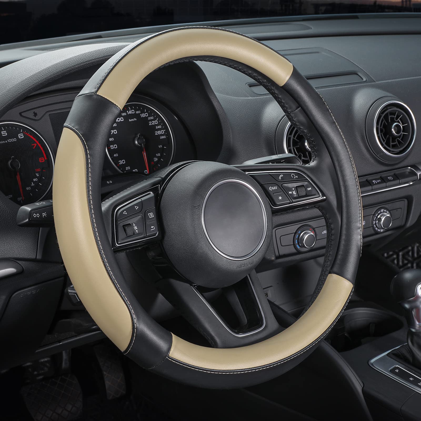 SEG Direct Car Steering Wheel Cover for Medium Standard Size Steering Wheels with 14 1/2-15 inches Outer Diameter, Black and Beige Microfiber Leather