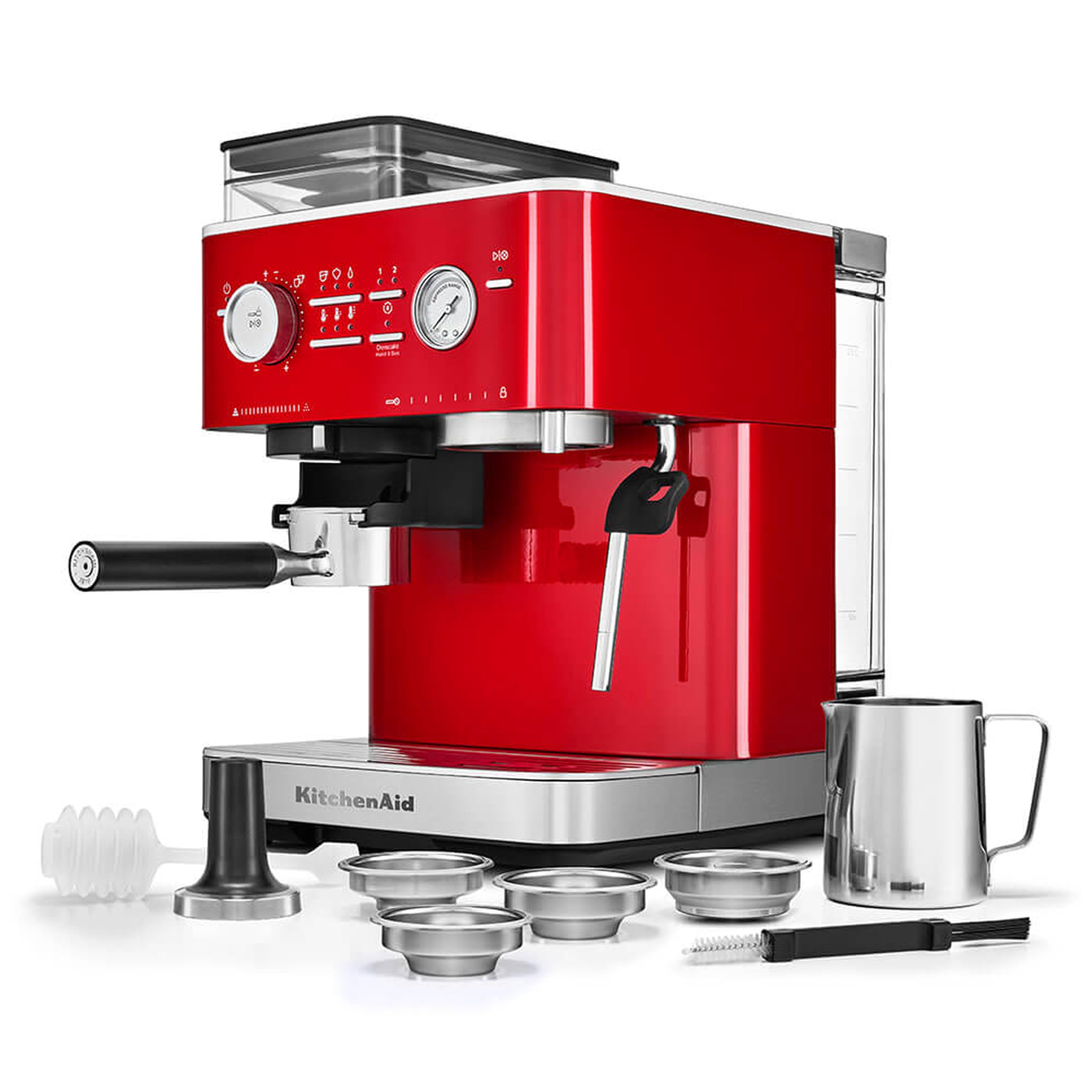 KitchenAid Cafetera espresso semiautomática con molinillo integrado - 15 niveles de molienda, control PID, bomba de 15 bar, vaporizador y diseño de acero inoxidable - Rojo