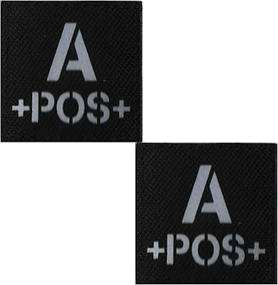 IR Reflective Tactical Blood Type A+ Positive POS Patch Embroidered Military Morale Badge for Outdoors 1.97 x 1.97 inch Pack of 2