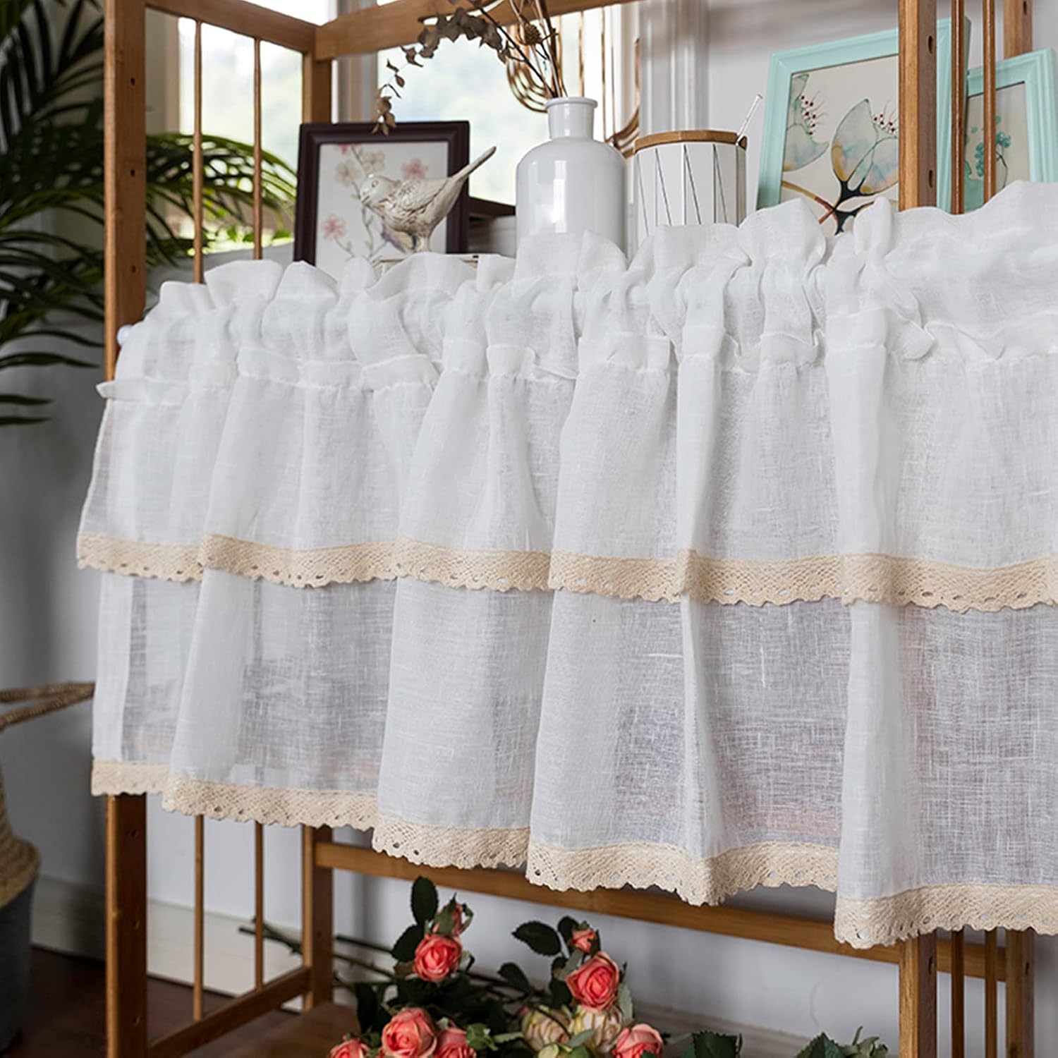 LUNEZY Kitchen Curtain,Short Curtain Lace Decorative Half Curtain,Semi Sheer Cafe Tier Curtains Valance,Bistro Curtain Country Style,Window Treatment for Kitchen Balcony Bathroom Cupboard