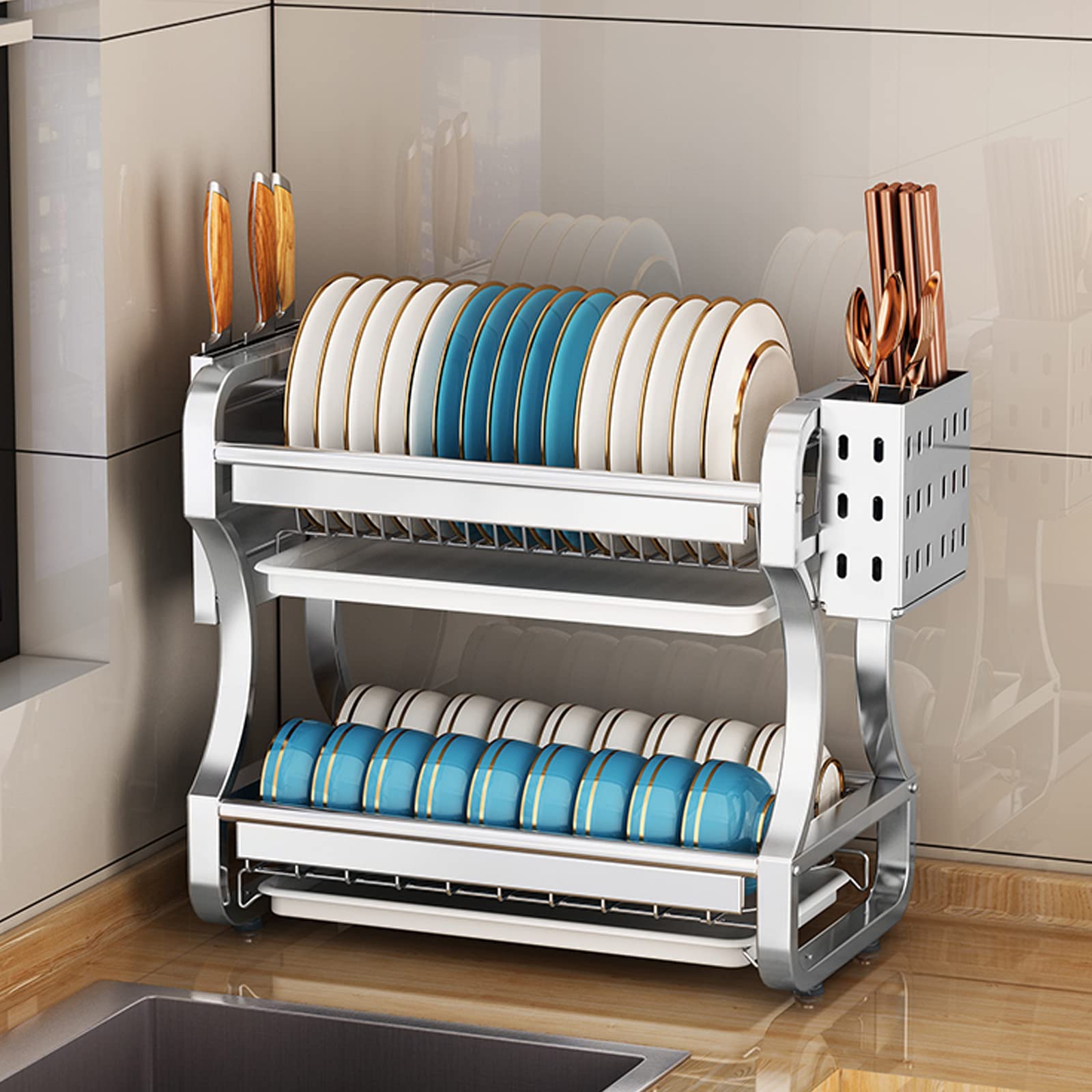 Dish Drainers Dish Rack,304 Stainless Steel 2 Tier Dish Drying Rack,Dish Drainer Rack With Drip Tray,With Utensil Holder,Cutting Board Holder,Rustproof Dish Drainer For,Stainless Steel Color-36x41.5cm