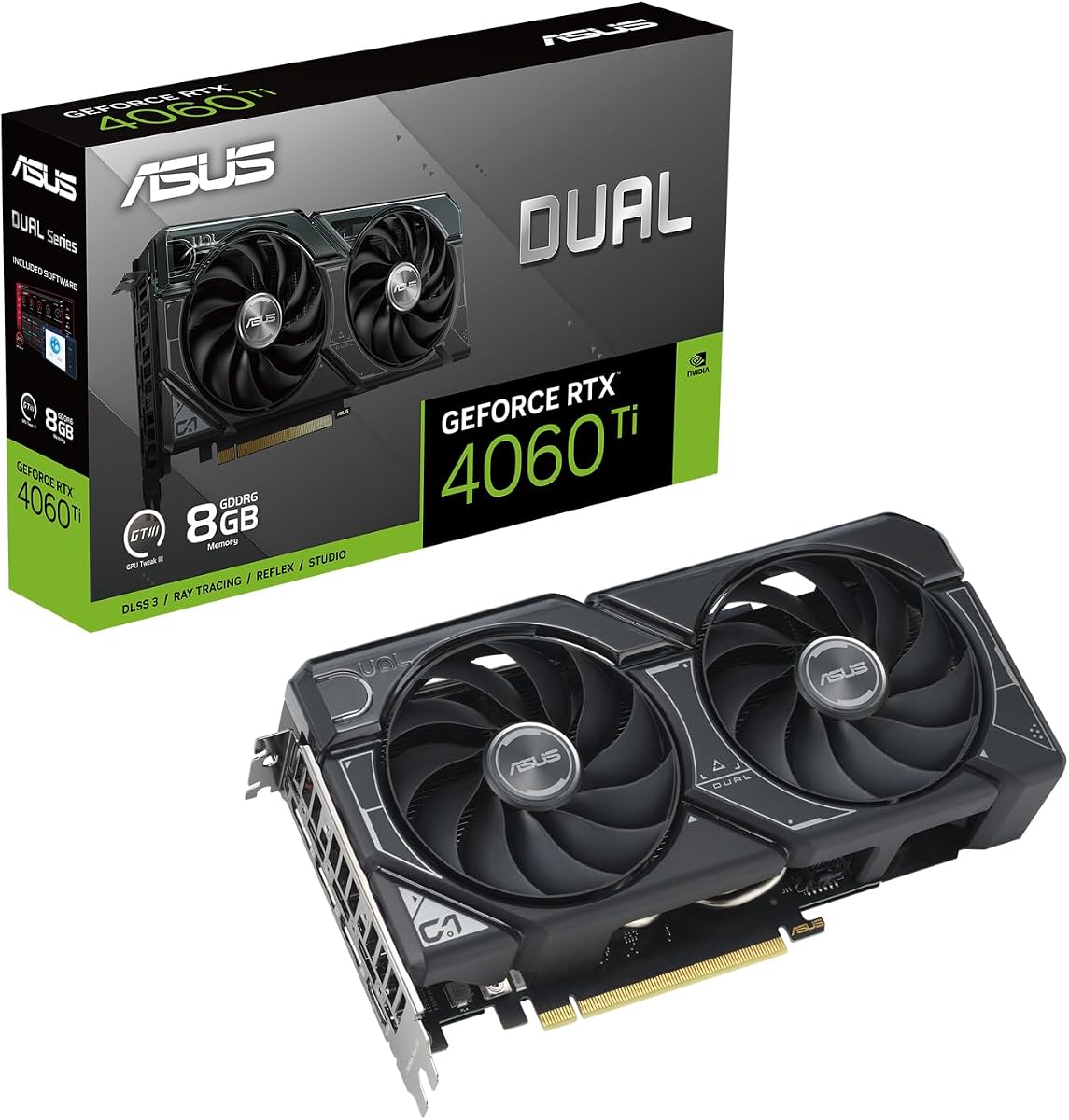 Tarjeta gráfica para juegos Dual GeForce RTX 4060 Ti OC Edition 8GB GDDR6 Negro (Nvidia GeForce RTX4060Ti DLSS 3, PCIe 4.0, 1x HDMI 2.1, 3X DisplayPort 1.4a, DUAL-RTX4060TI-O8G)