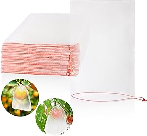 MIKIMIQI Fruit Protection Bags, 25 Pcs 6 X10 Inch Nylon Net Barrier Bag Fruit Protect Bags with Drawstring Reusable Garden Mesh Netting Protection Bag for Plant Seed Fruit Flower Vegetable