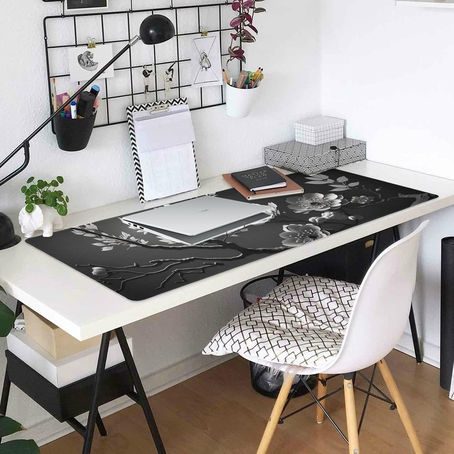 Large Black and White Cherry Blossom Mouse Pad - Non-Slip Desk Protector Mat for Gaming and Office, 31.5 x 11.8 Inch