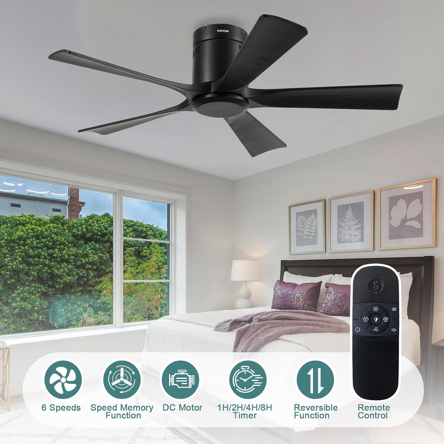 42'' Low Profile Ceiling Fan no Light,Flush Mount with Remote,Solid Wood Ceiling Fan without Light (Black, 42 Inch)