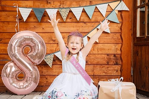 Miniatura 6 de Juego de velas y tiara de cumpleaños número 8, corona de diamantes de imitación con diseño de texto en inglés "It's My 8th Birthday", globos de