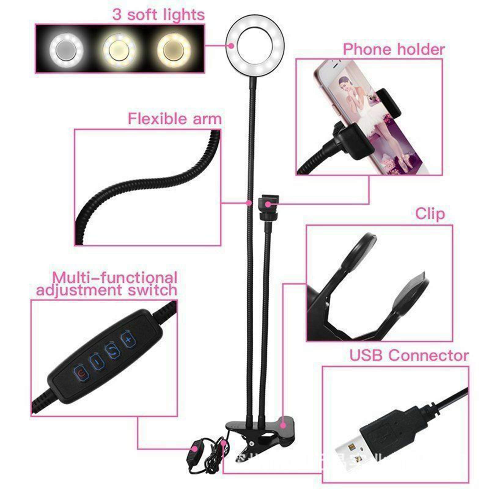 Luce ad Anello LED Ring Light, Lampada Anulare Regolabile 21" Clip per Telefono Flessibile a Collo di Cigno, 3 modalità Colore per Youtube,Trucco, TIK Tok, Fotografia