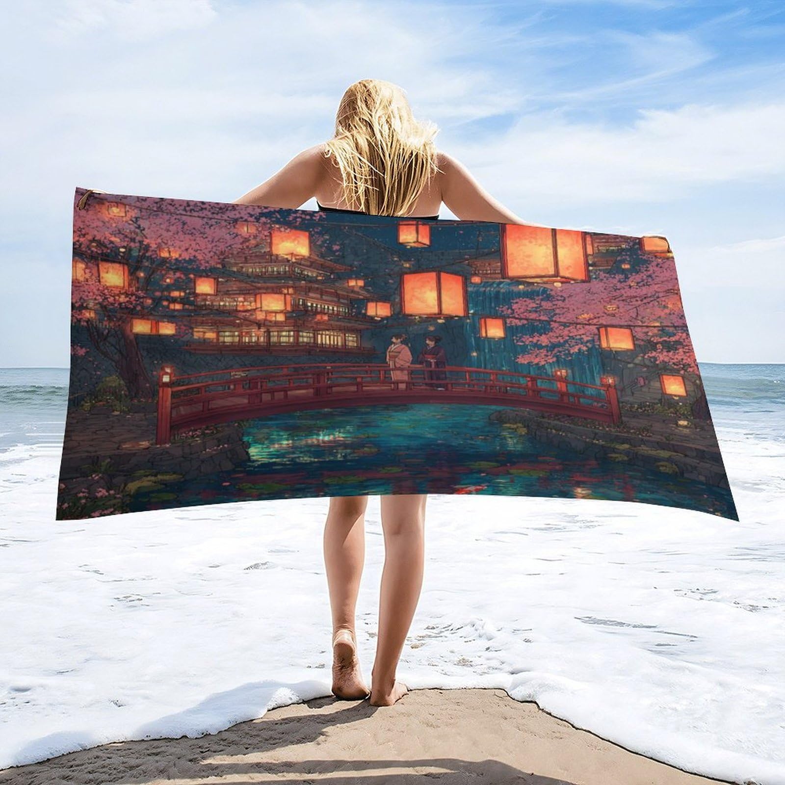 Luyysky Beautiful Rustic Japanese Geisha Absorbent Beach Towel, Classic Anime Plant Cherry Blossoms Animal Fish Pattern Outdoor Single-Sided Velvet Beach Towel-80 W Cm X 160" L Cm