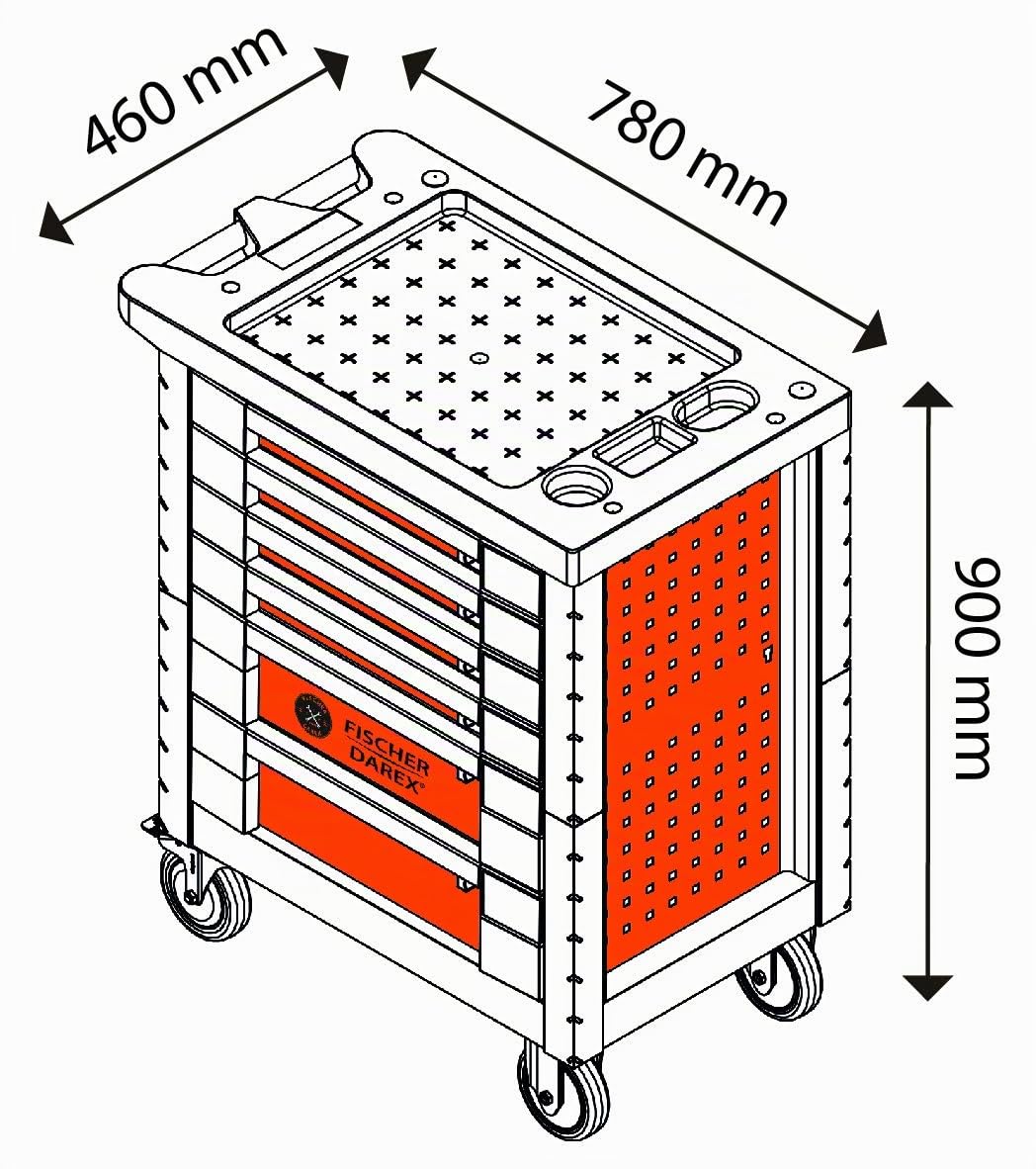 Fischer Darex - Servante d'atelier verrouillable, 6 tiroirs équipés clés + douilles + tournevis 145 outils