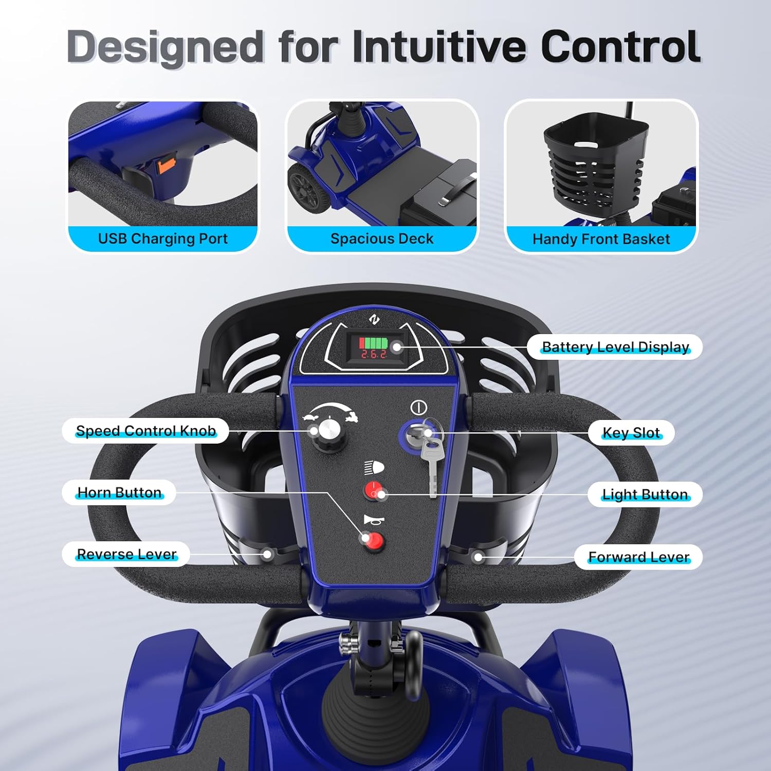 Hoverfly T4 Mobility Scooter for Seniors, Max 12.4-Mile Range & 3.7 mph, 3-Position Seat & Anti-slip Rear Wheel, Removed Battery&Quick Fold Design, Solid 9" Tire&330 lb Capacity, Ease of Assembly Blue