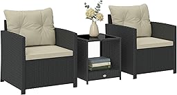 Outsunny 3 Piece Wicker Patio Furniture Set, PE Rattan Outdoor Bistro Set with Armchairs, 2-Tier Glass-Top Table, Cushions, Outdoor Conversation Furniture for Porch Balcony, Beige