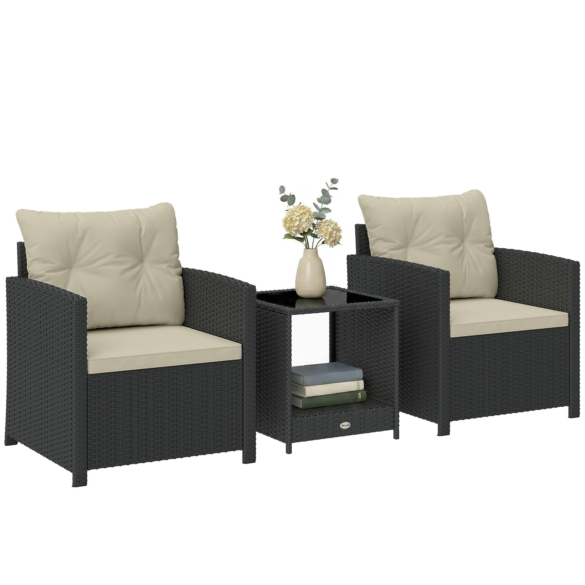 Outsunny 3 Piece Wicker Patio Furniture Set, PE Rattan Outdoor Bistro Set with Armchairs, 2-Tier Glass-Top Table, Cushions, Outdoor Conversation Furniture for Porch Balcony, Beige - 1