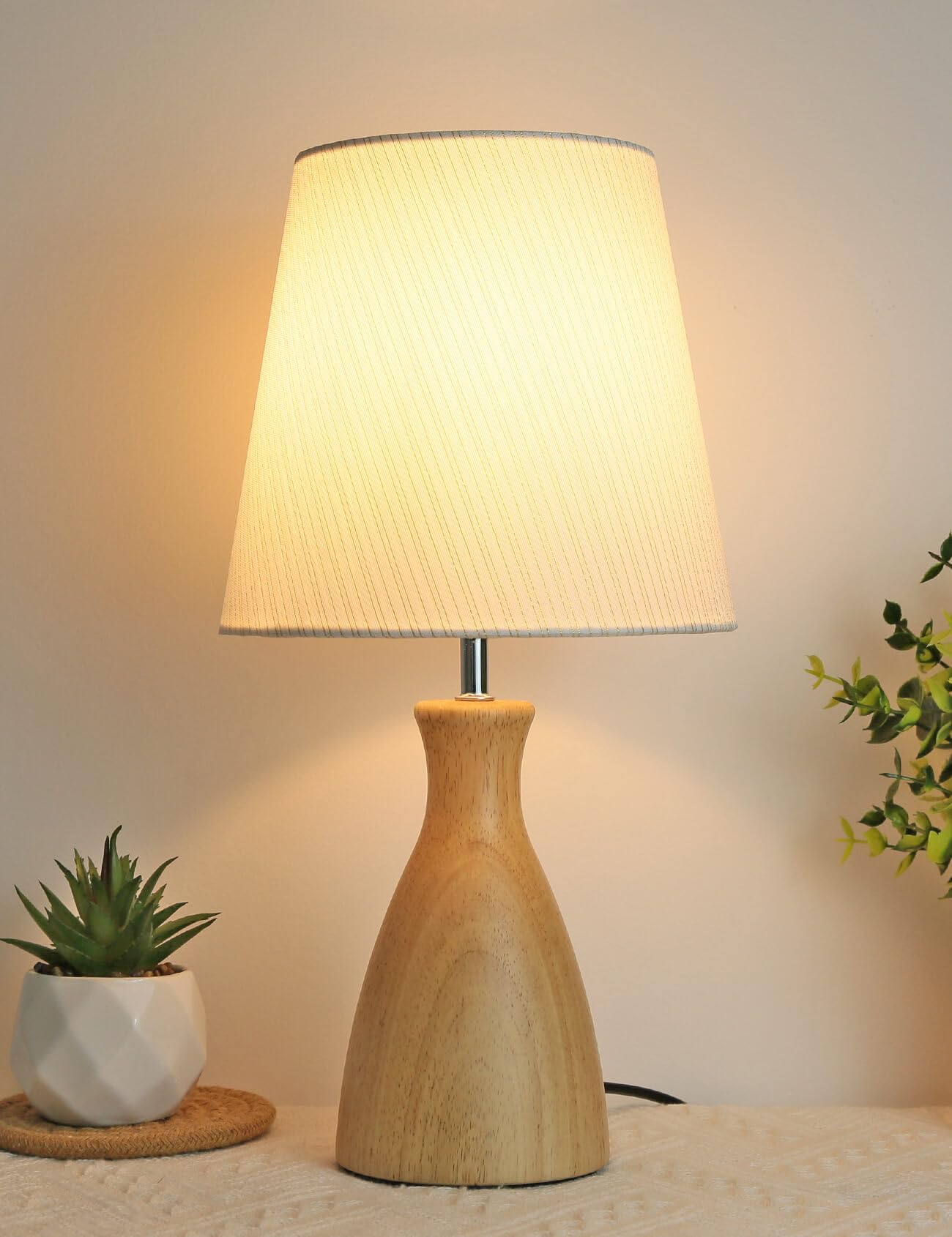HSLighting Bedside Lamps, 34cm Wooden Table Lamp with Fabric Lampshade, On-Off Switch Bedside Nightstand for Living Room Bedroom Decor Mother Gift Study Office, Include Bulb