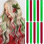 LADYAMZ Colored Hair Extensions 10 PCS, Colorful Party Highlights Clip in Long Synthetic Hairpieces, Red and Green Hair Extensions for Girls Women Kids Christmas New Year Cosplay Gifts 22 Inch
