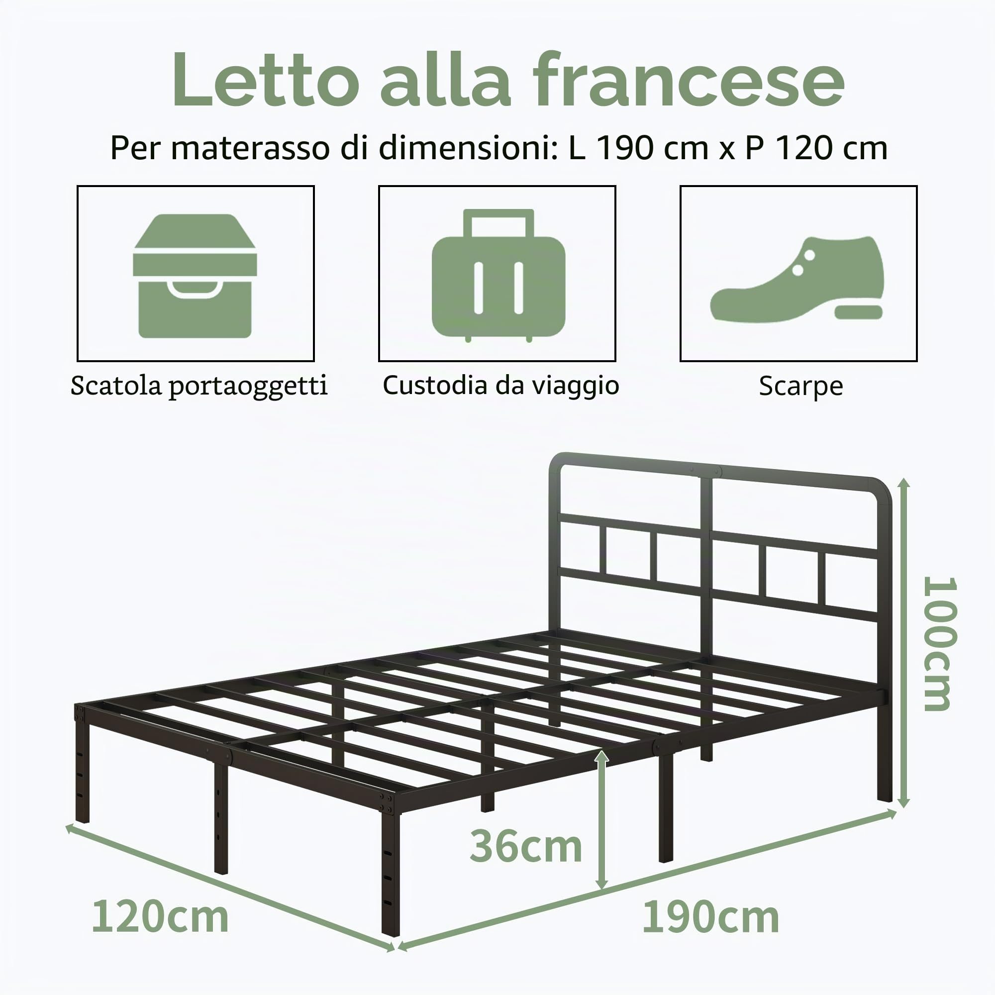 Lutown-Teen Struttura Letto Matrimoniale 120 x 190 cm con Testiera | Altezza 36 cm, Metallo Struttura, Moderno, Spazio di Organizzazione, Montaggio Facile, Silenzioso, Nero